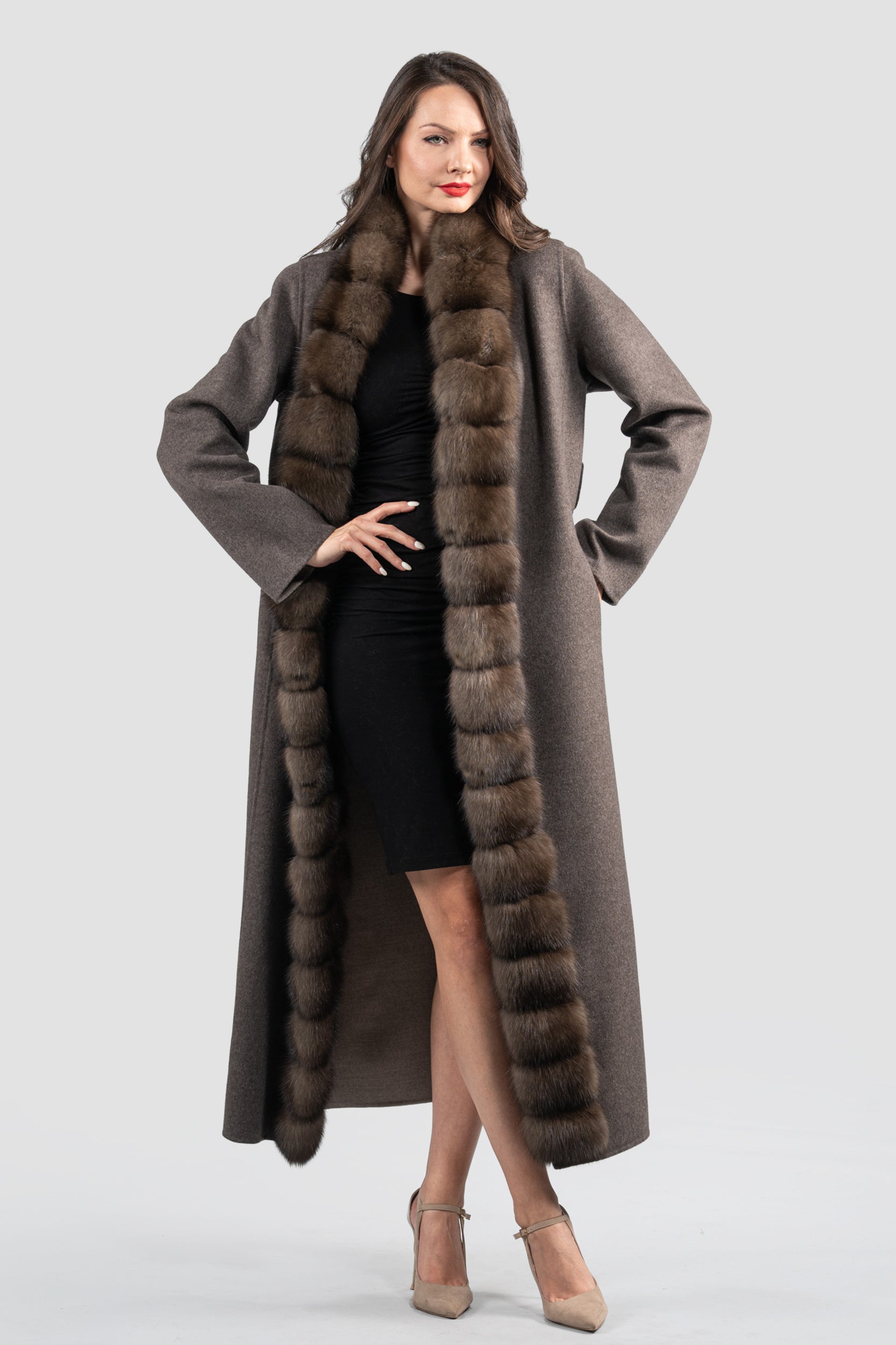 Brown Grey Cashmere Coat with Russian Sable Trim 21C6080
