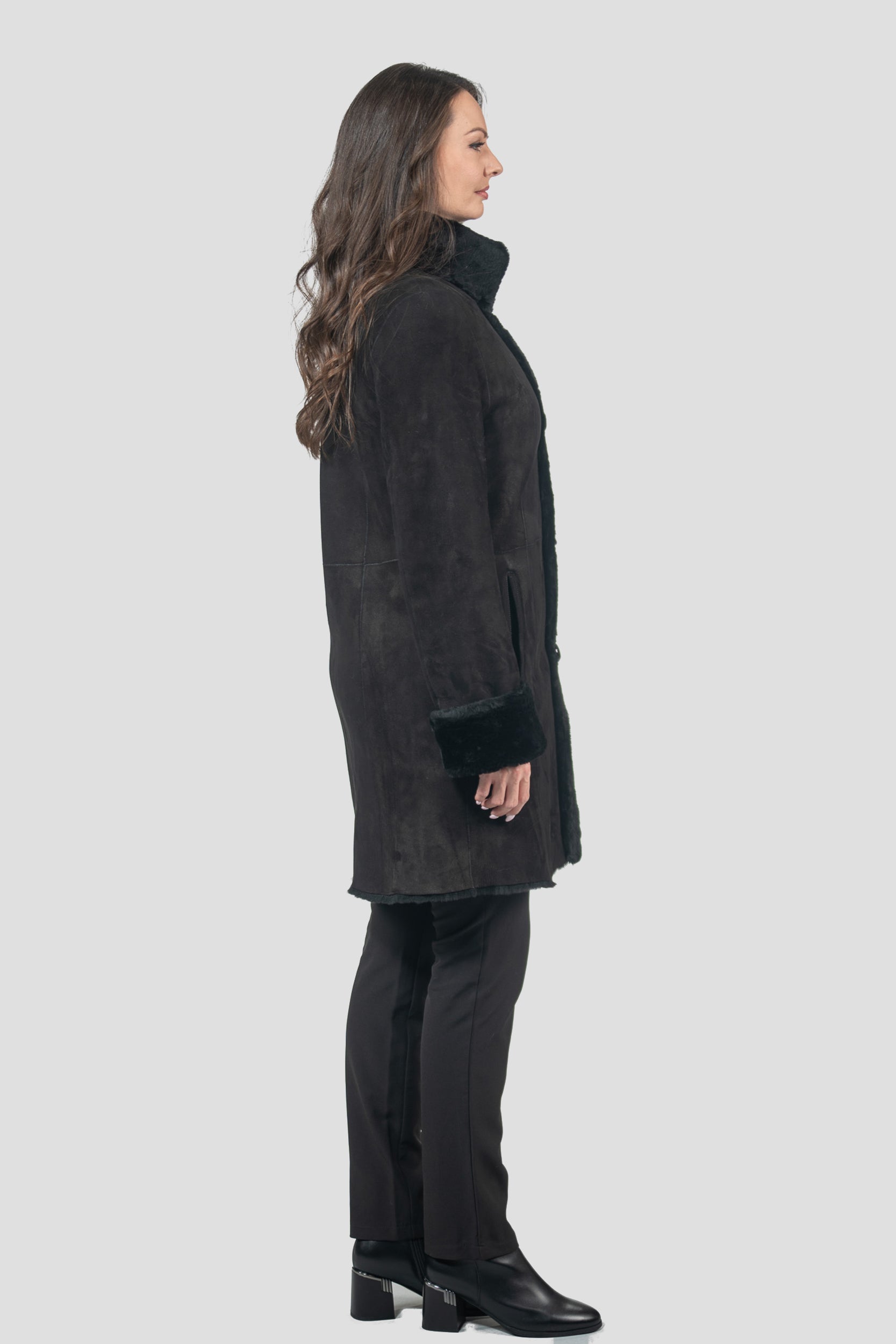 Black Half Coat In Spanish Merino with Stand Collar 207