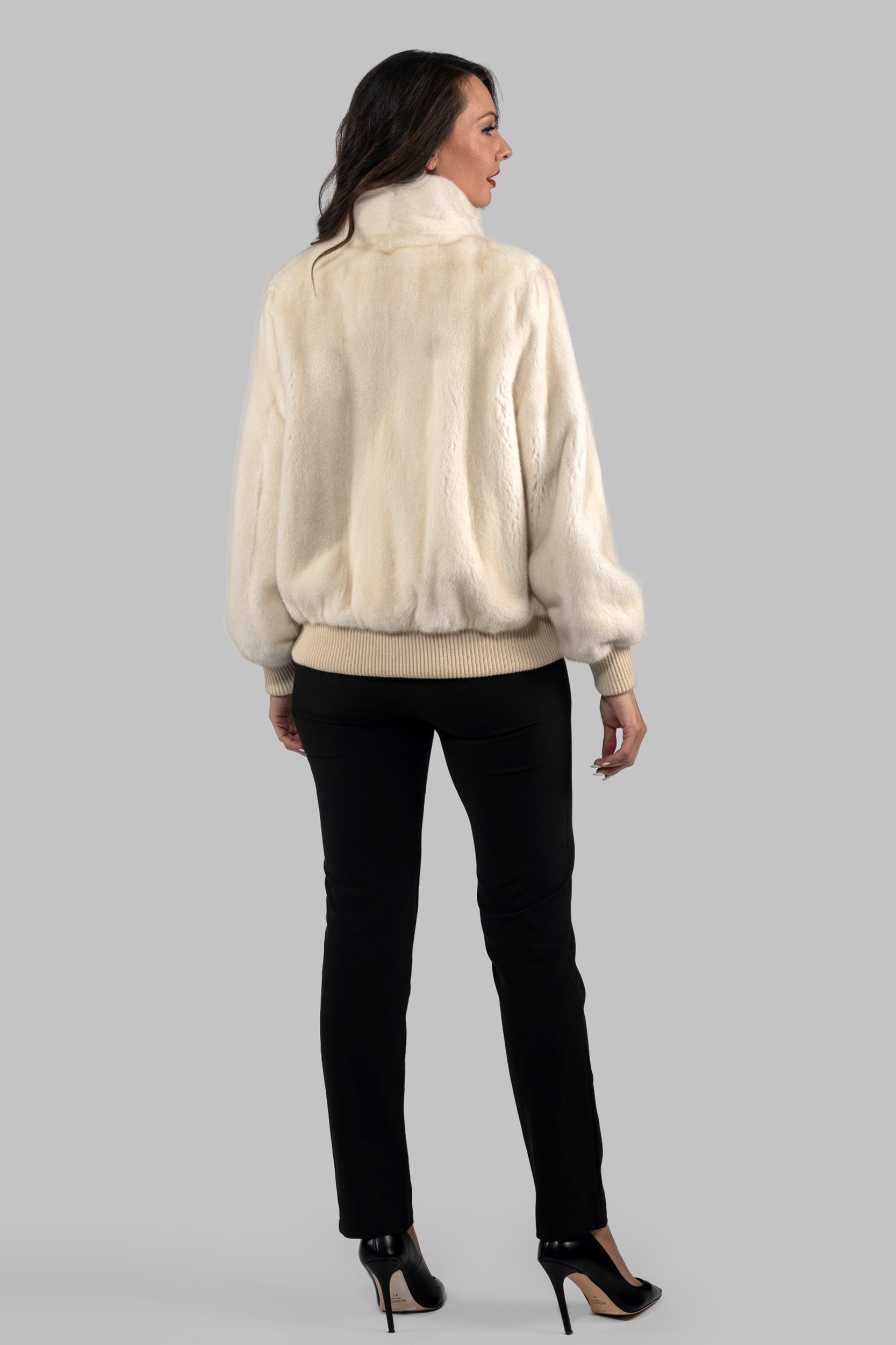 Beige Mink Bomber Jacket with Stand Collar L/O13C224