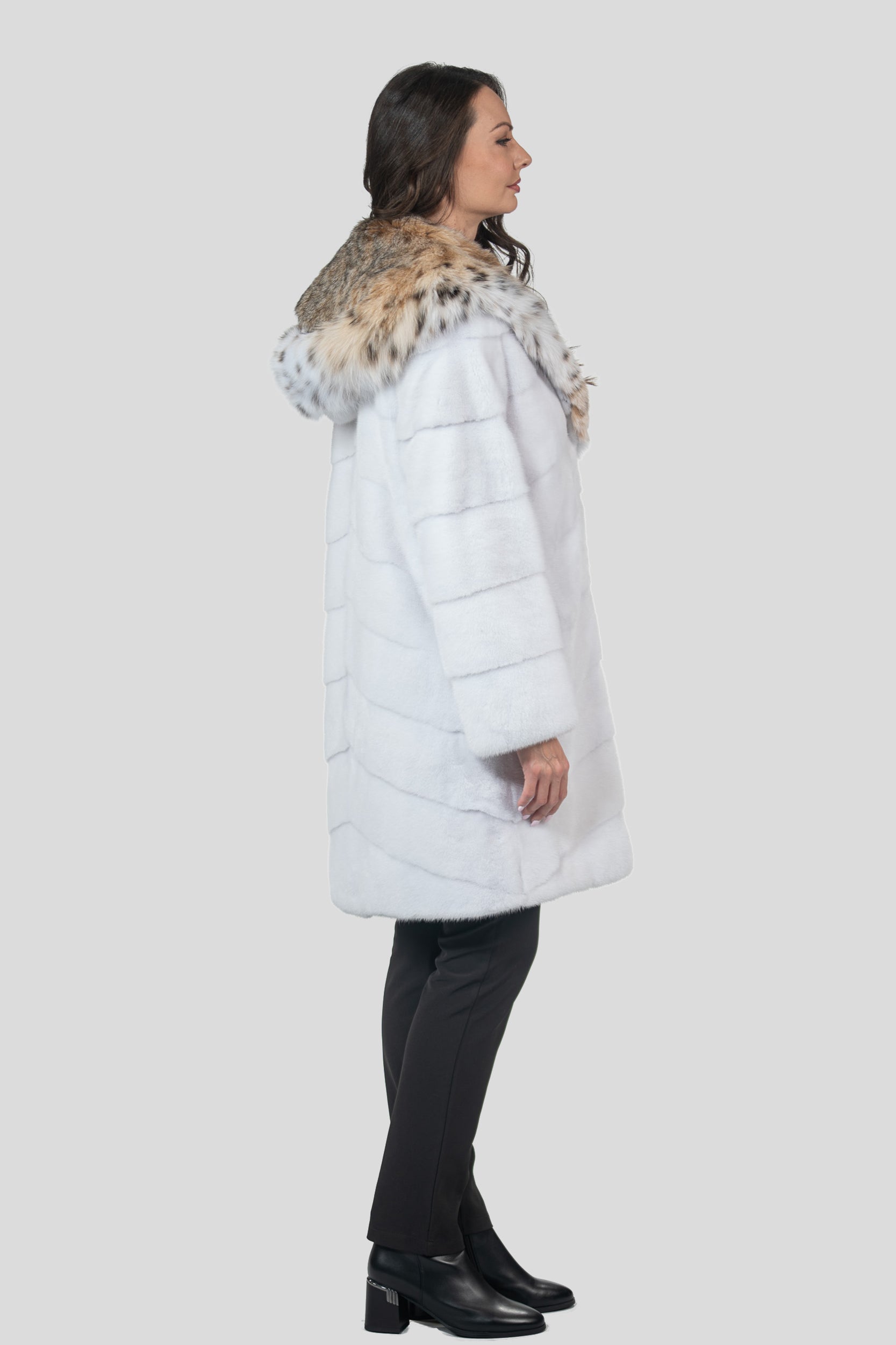 White Mink Half Coat with Bobcat Hood A/K4340