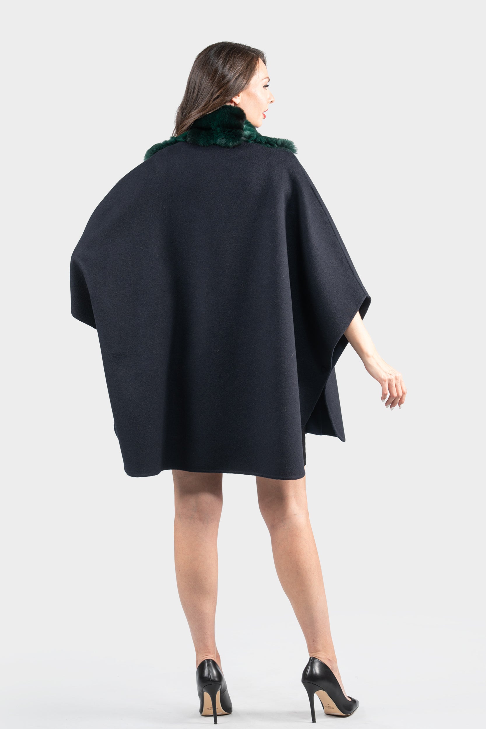 Blue Black Cashmere Cape with Chinchilla Trim 18M950