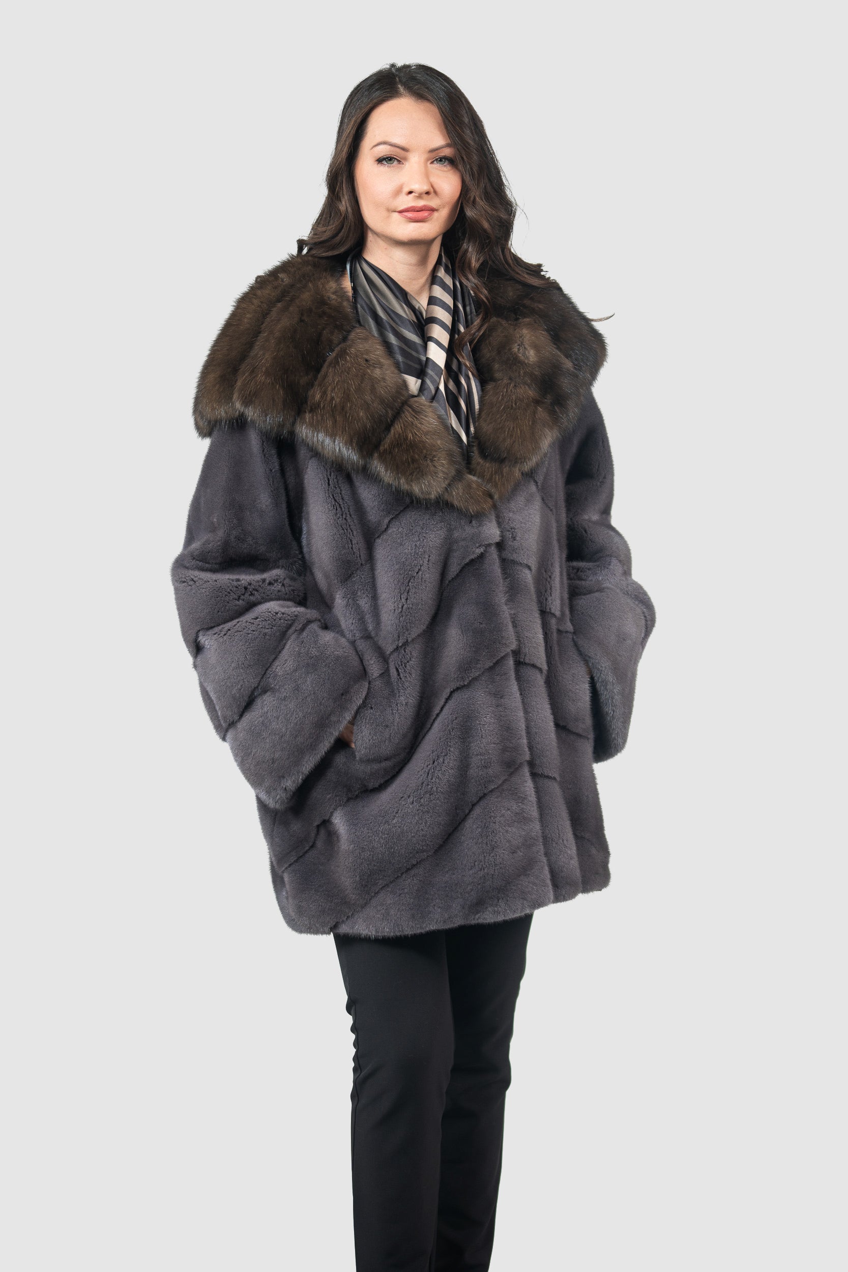 Grey Moon Mink Half Coat with Russian Sable Hood A/K850