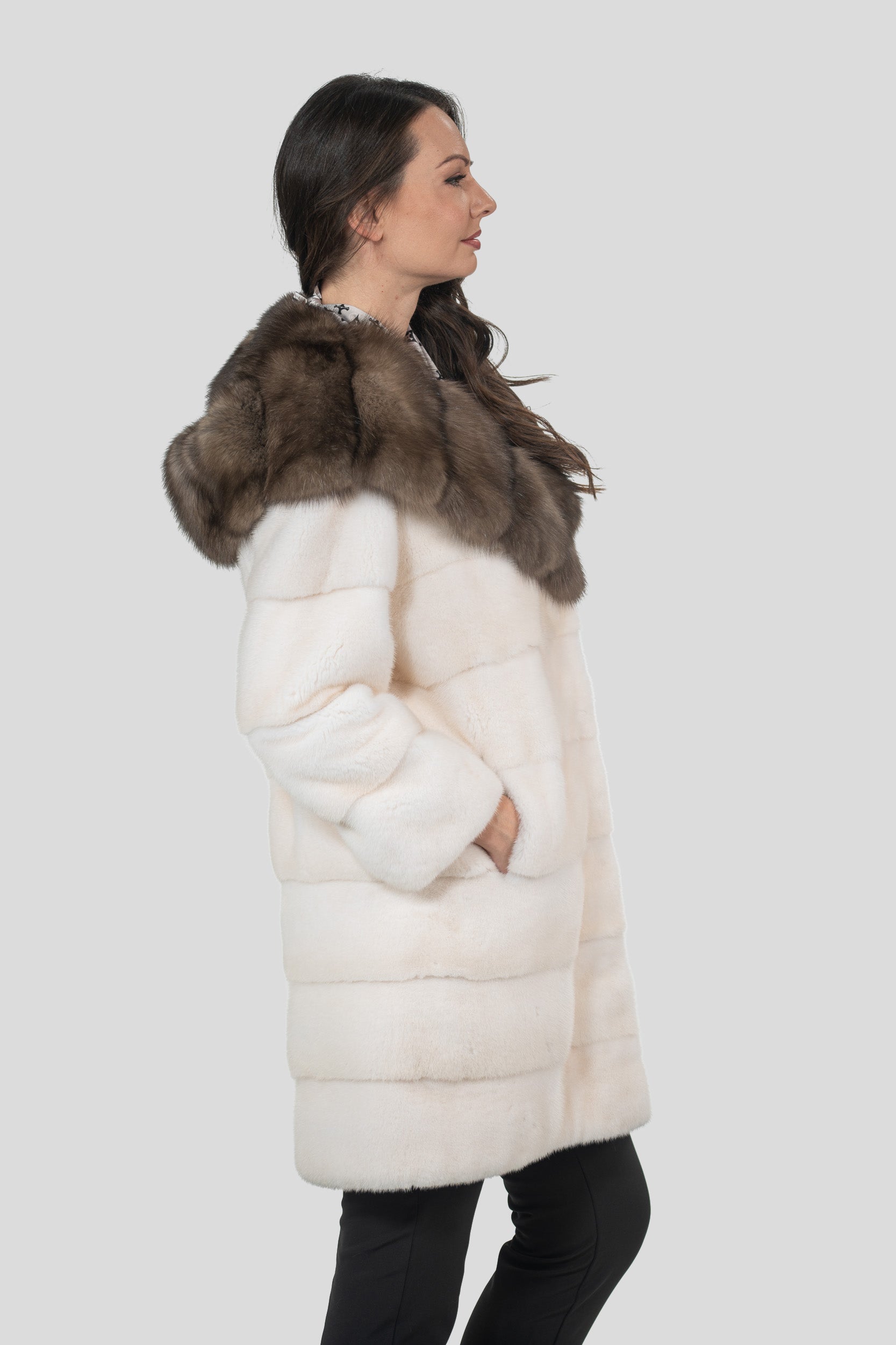 Pearl Mink Half Coat with Russian Sable Hood P/K13C540