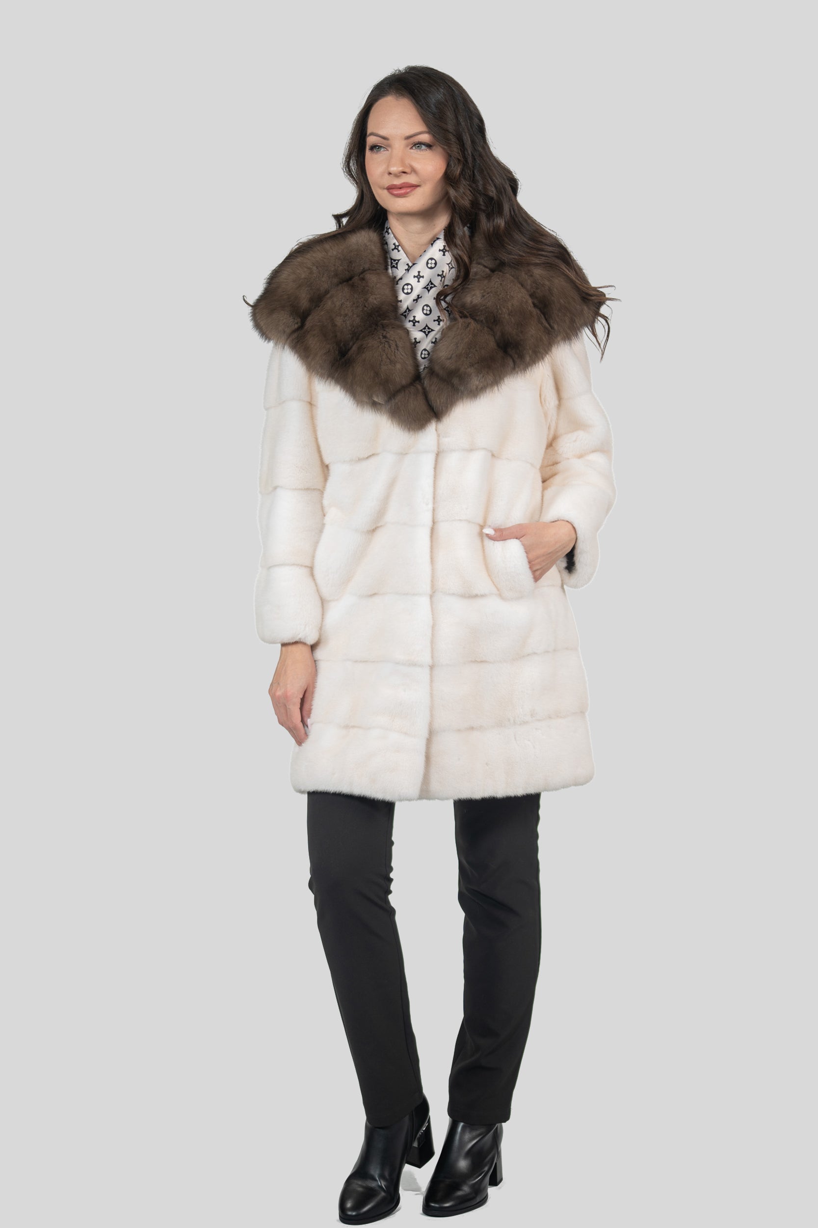 Pearl Mink Half Coat with Russian Sable Hood P/K13C540