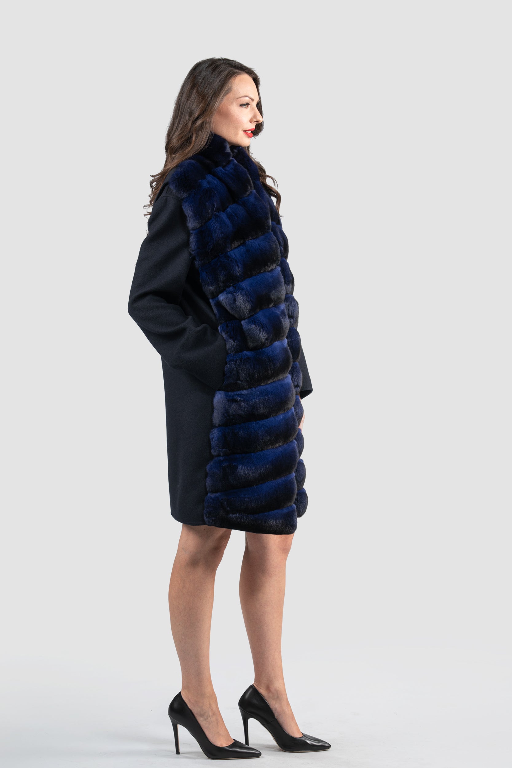 Blue Black Cashmere Half Coat & Vest with Chinchilla Trim 17C8003