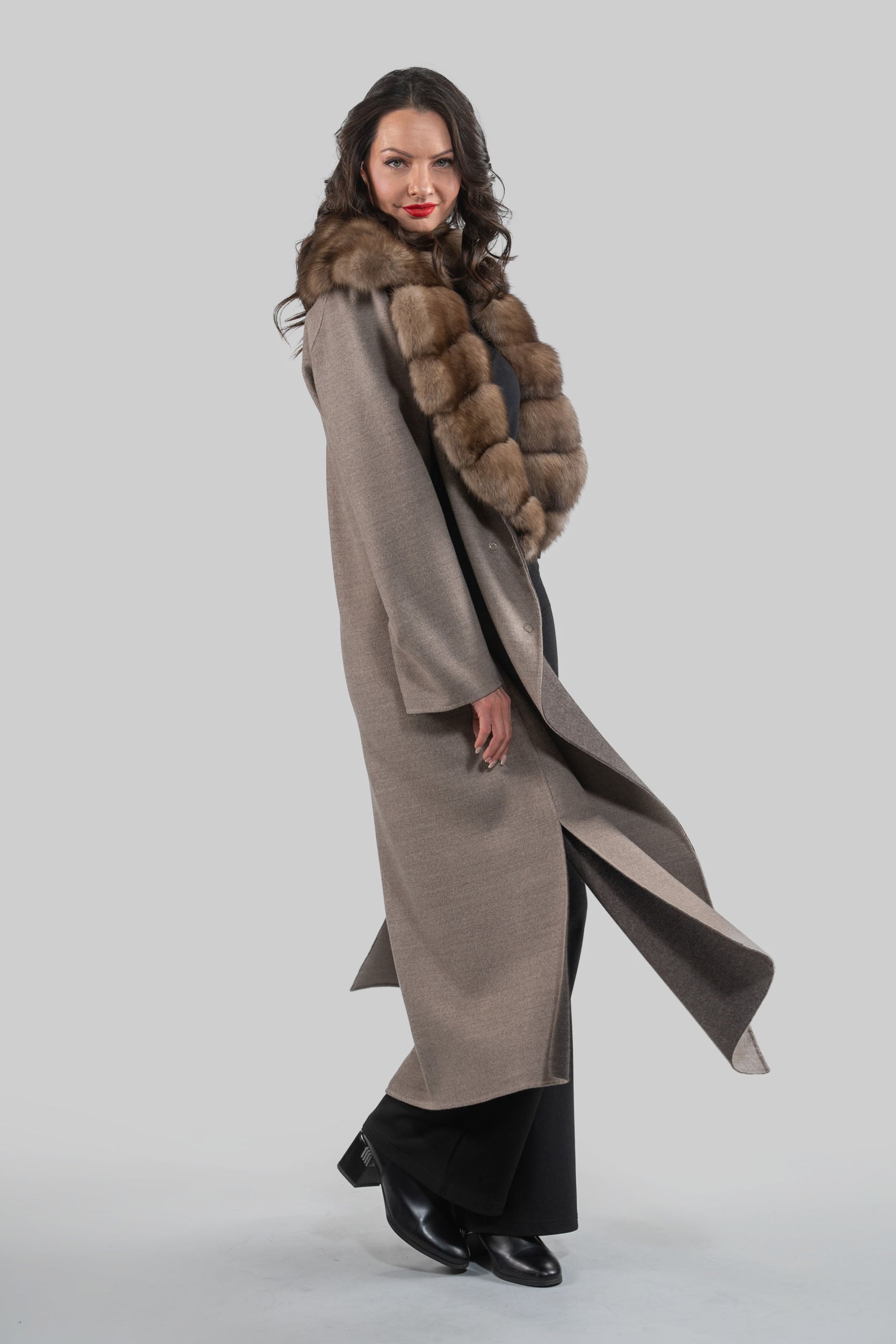Grey Brown Cashmere Coat with Russian Sable Notch Collar 20C8060S20