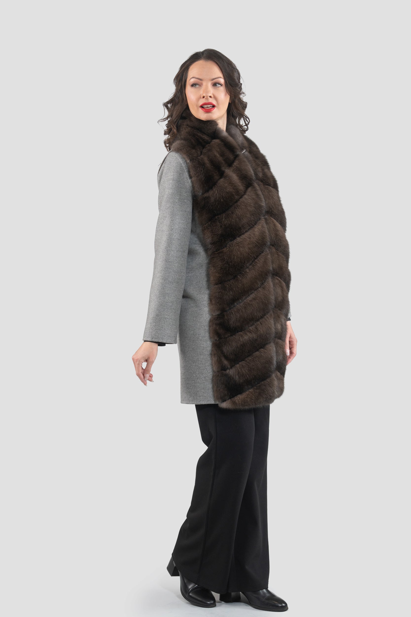 Grey Cashmere Half Coat & Vest with Russian Sable Trim 17C8003