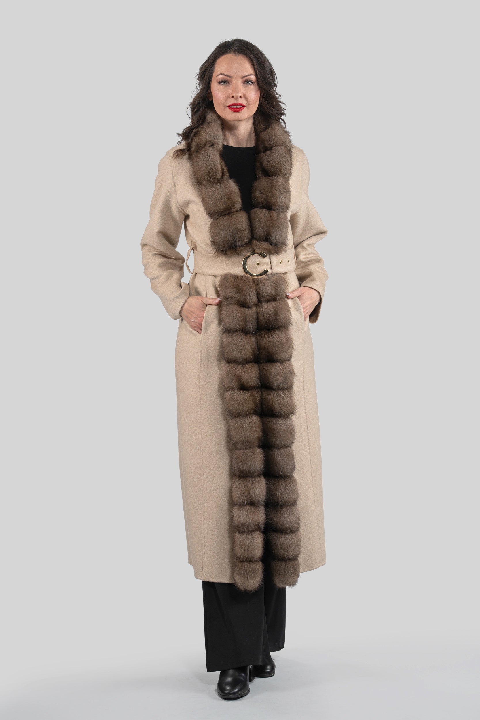 Ecru Beige Cashmere Coat with Russian Sable Trim 21C6080