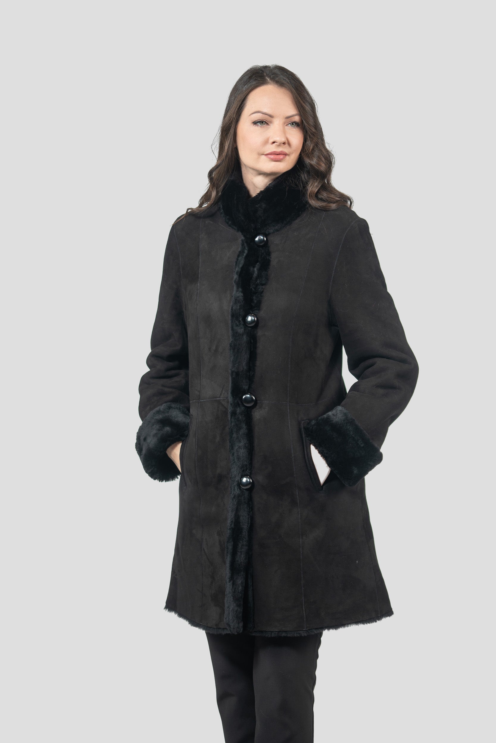 Black Half Coat In Spanish Merino with Stand Collar 207