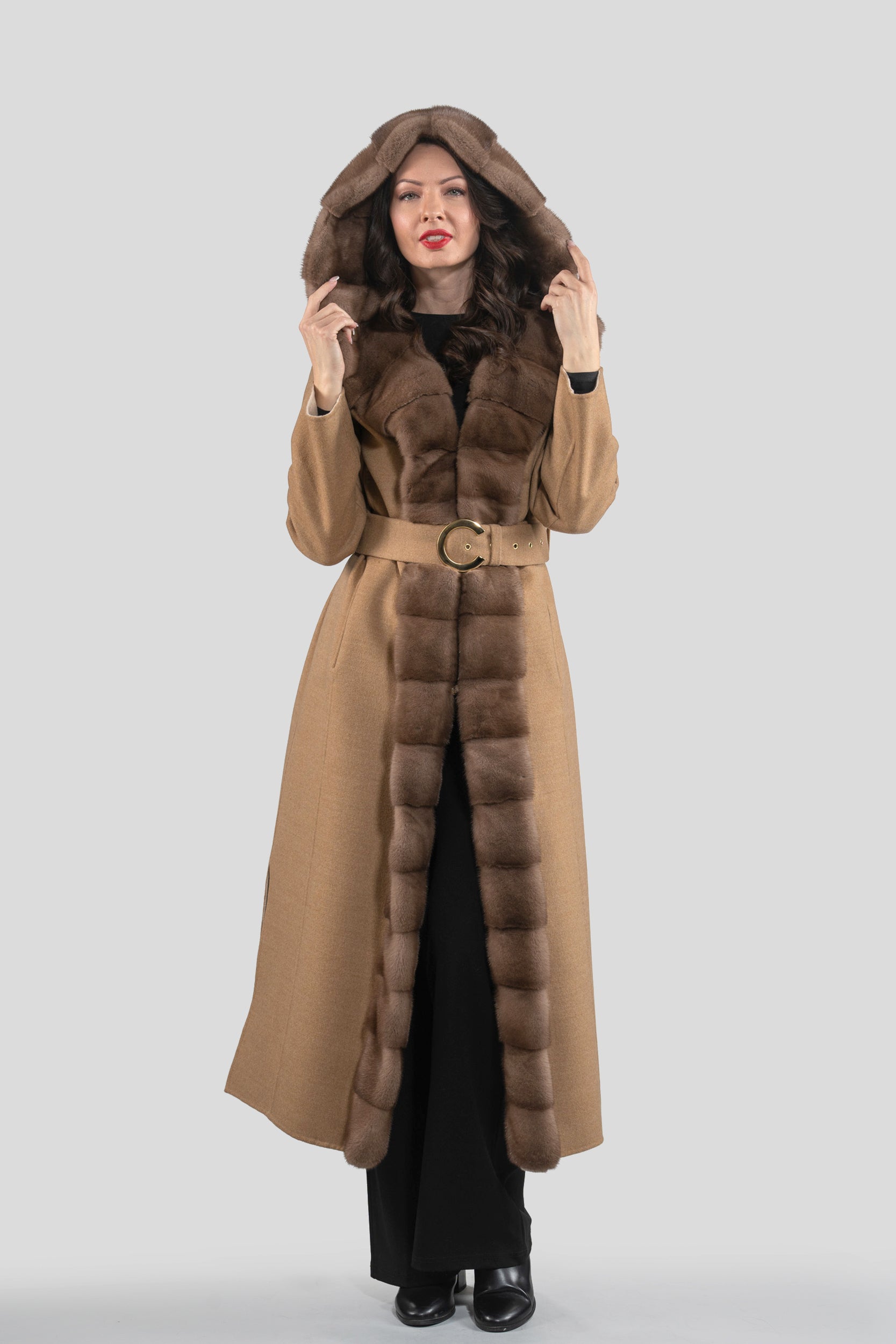 Beige Ecru Cashmere Hooded Coat with Mink Trim 21C6080H540