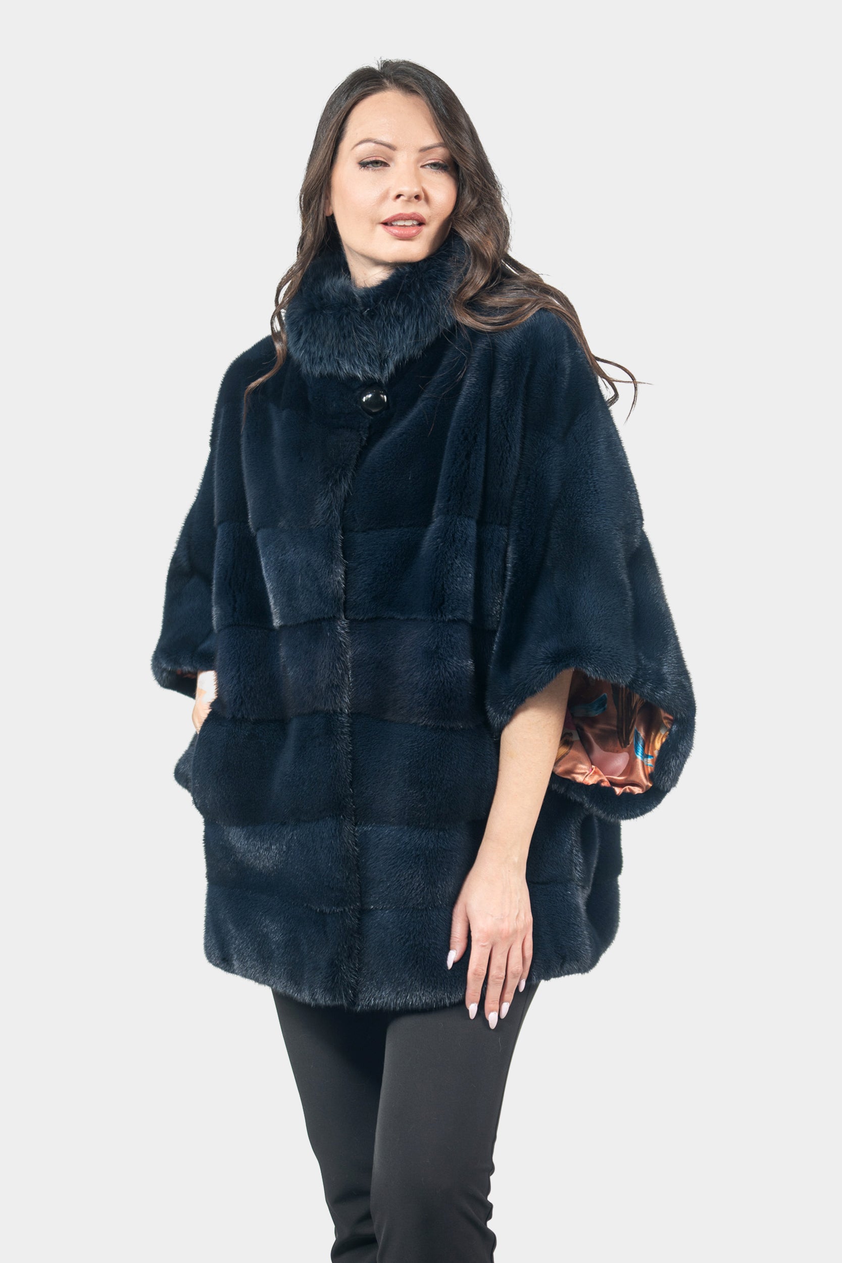 Blue Black Mink Cape with Russian Sable Stand Collar P/K13C959
