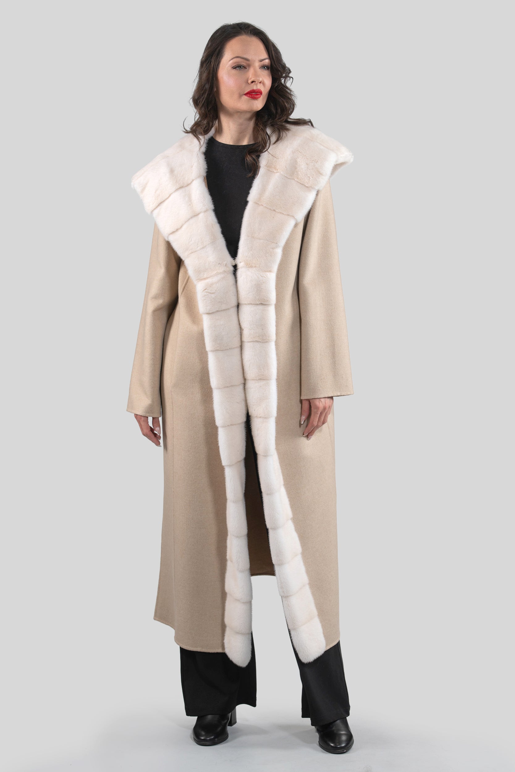Ecru Beige Cashmere Hooded Coat with Mink Trim 21C6080H540