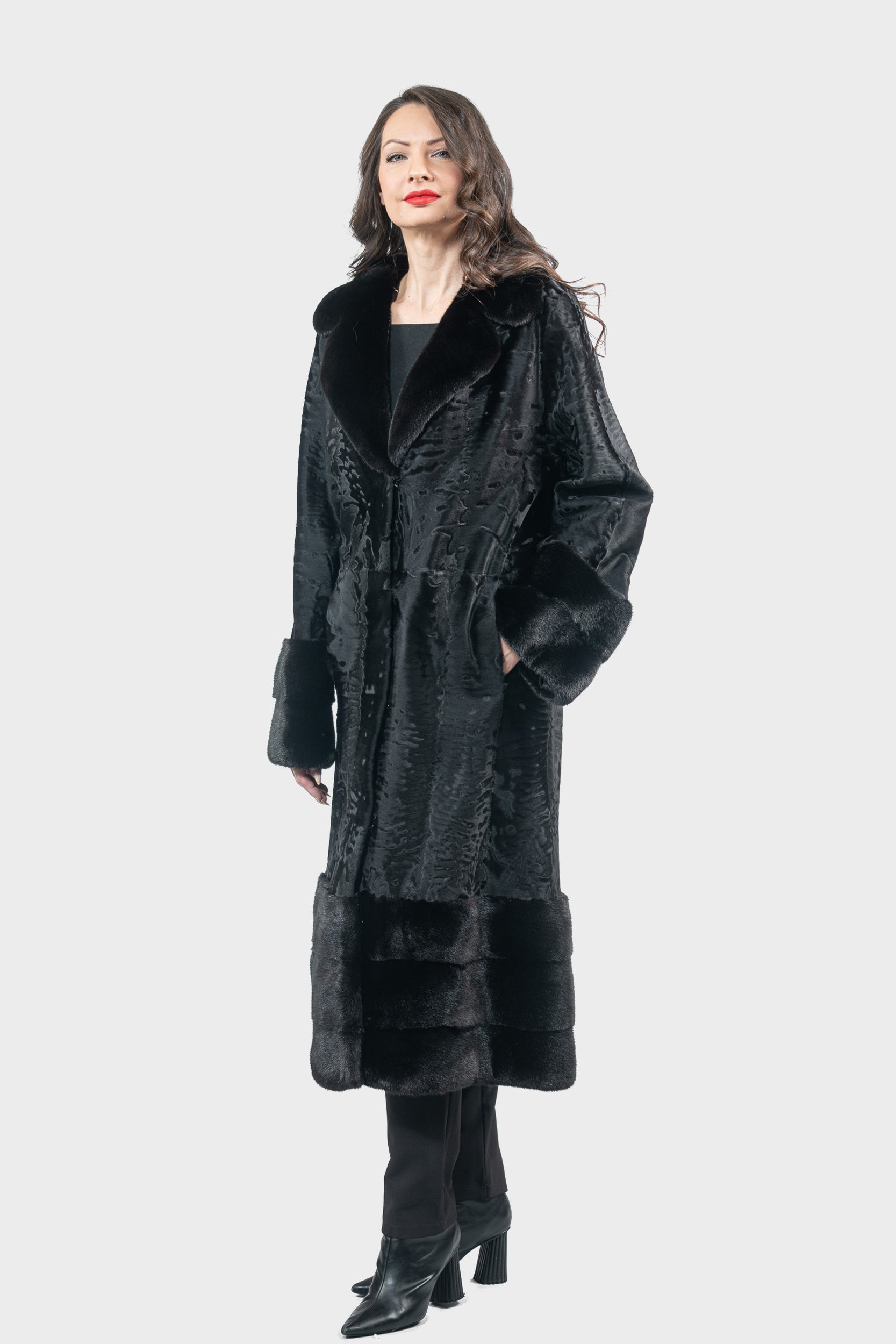 Black Swakara Coat with Mink Trim S/S13C976