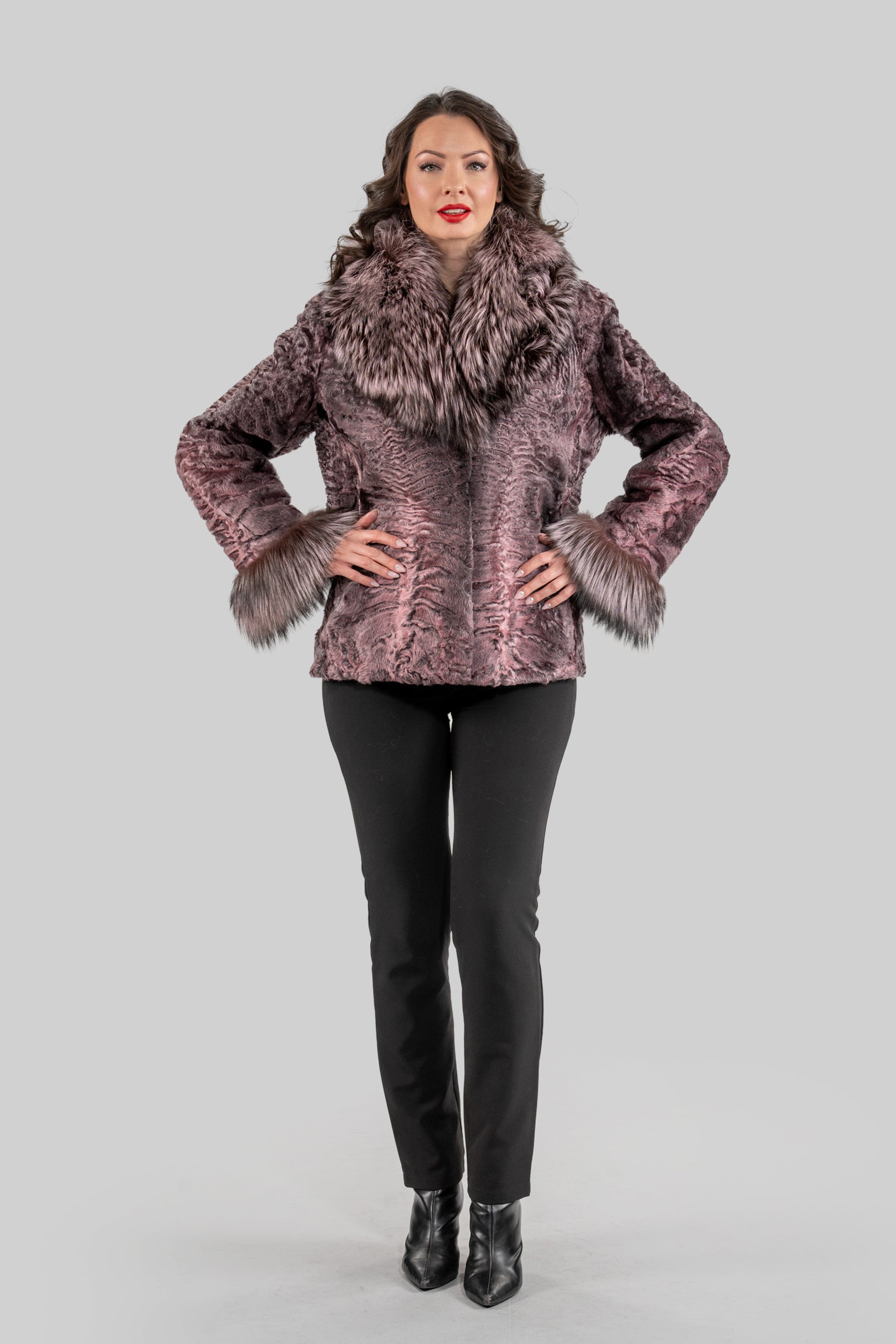 Swakara Jacket With Fox Fur Trim Notch Collar and Cuffs in Pink S/S13C528s20
