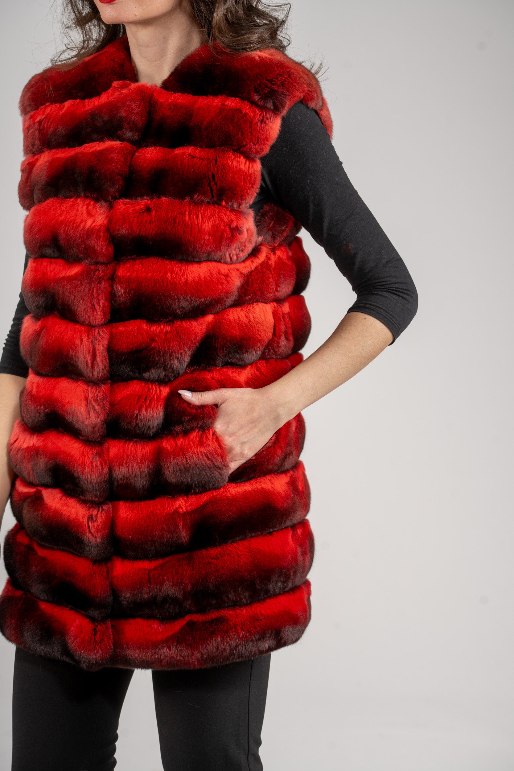 Collarless Crimson Red Chinchilla Vest P/K13C519