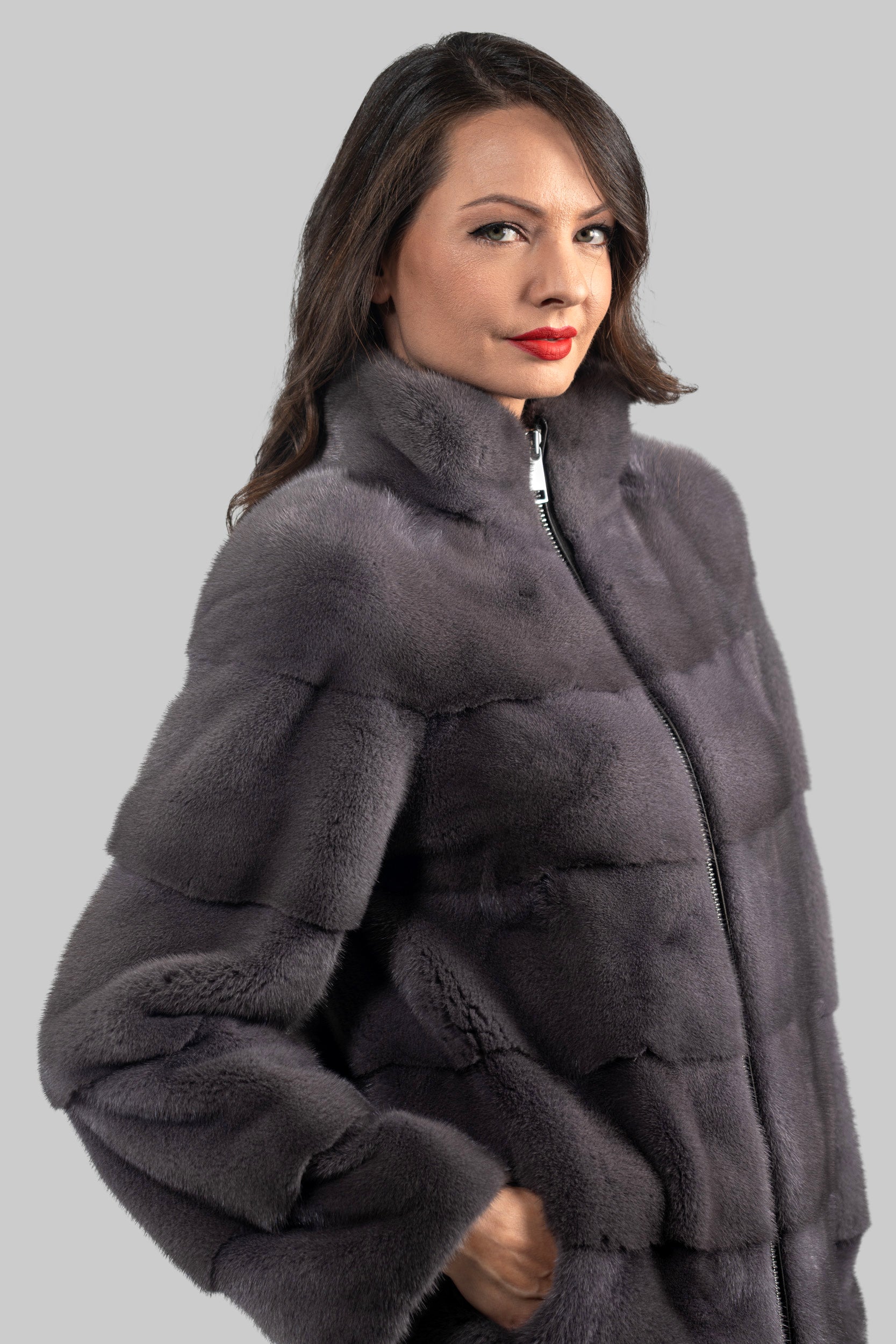 Grey Moon Mink Jacket with Stand Collar and Zipper P/K13C224