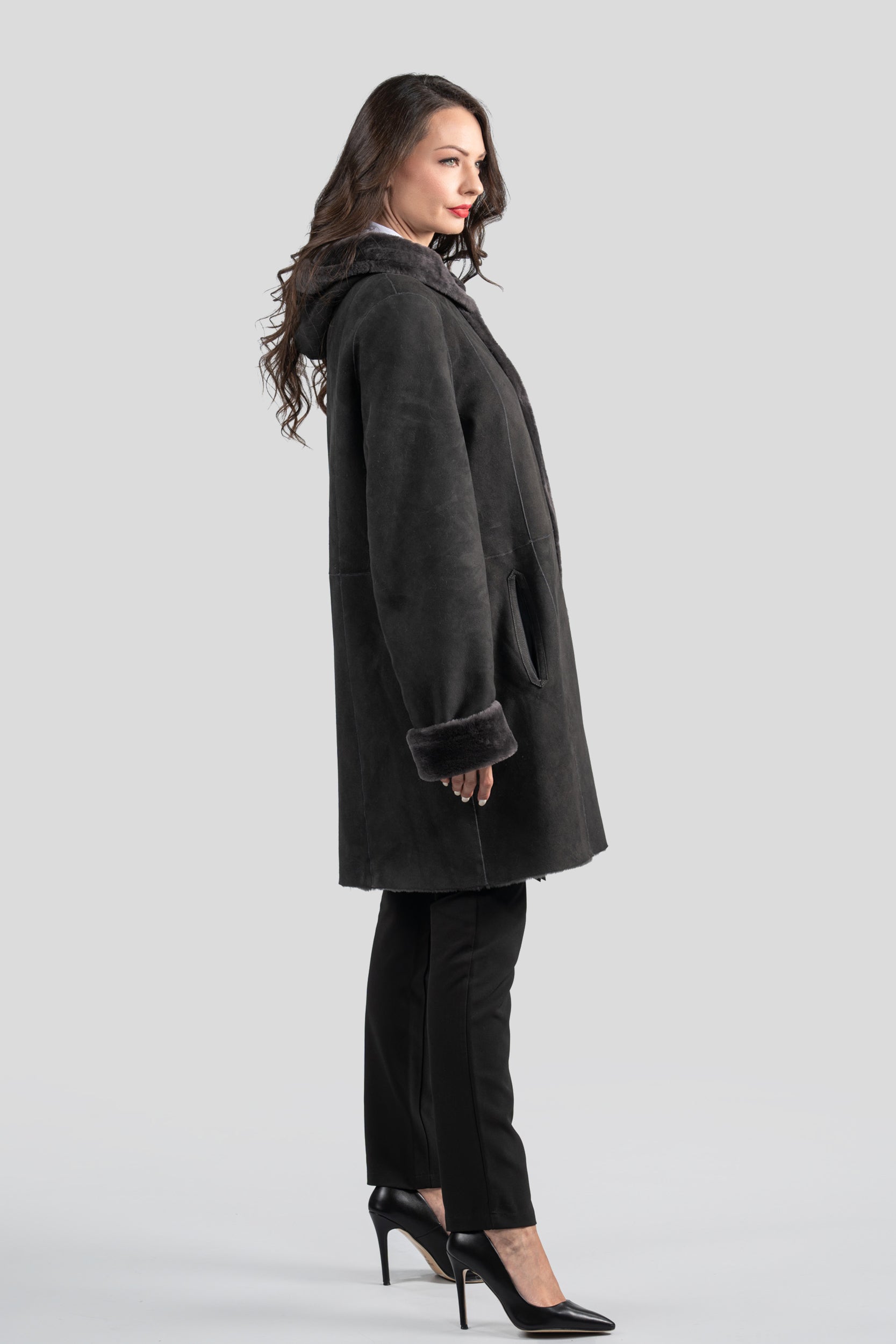 Hooded Gray Half Coat in Spanish Merino 207H