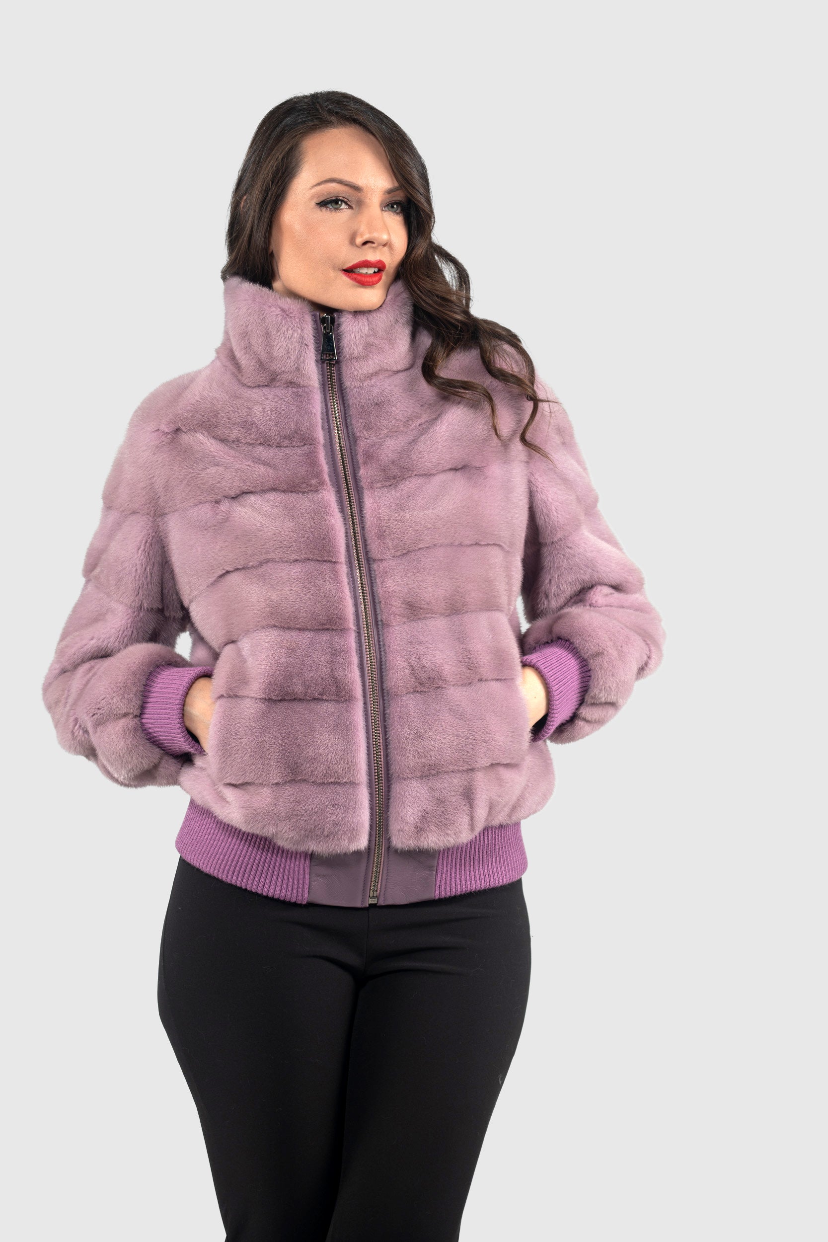 Violet Mink Bomber Jacket with Stand Collar P/K13C224