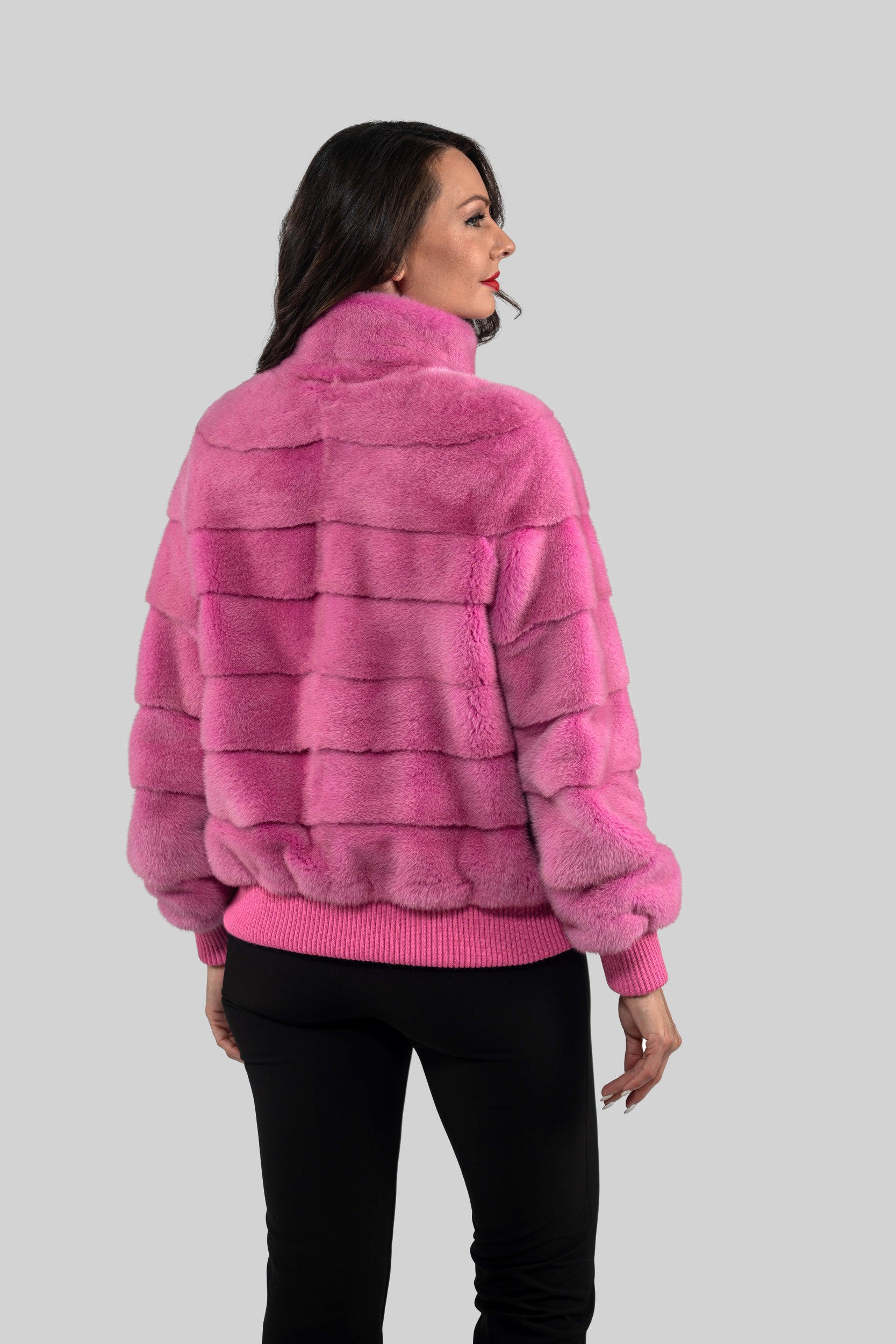 Fuchsia Mink Bomber Jacket with Stand Collar P/K13C224