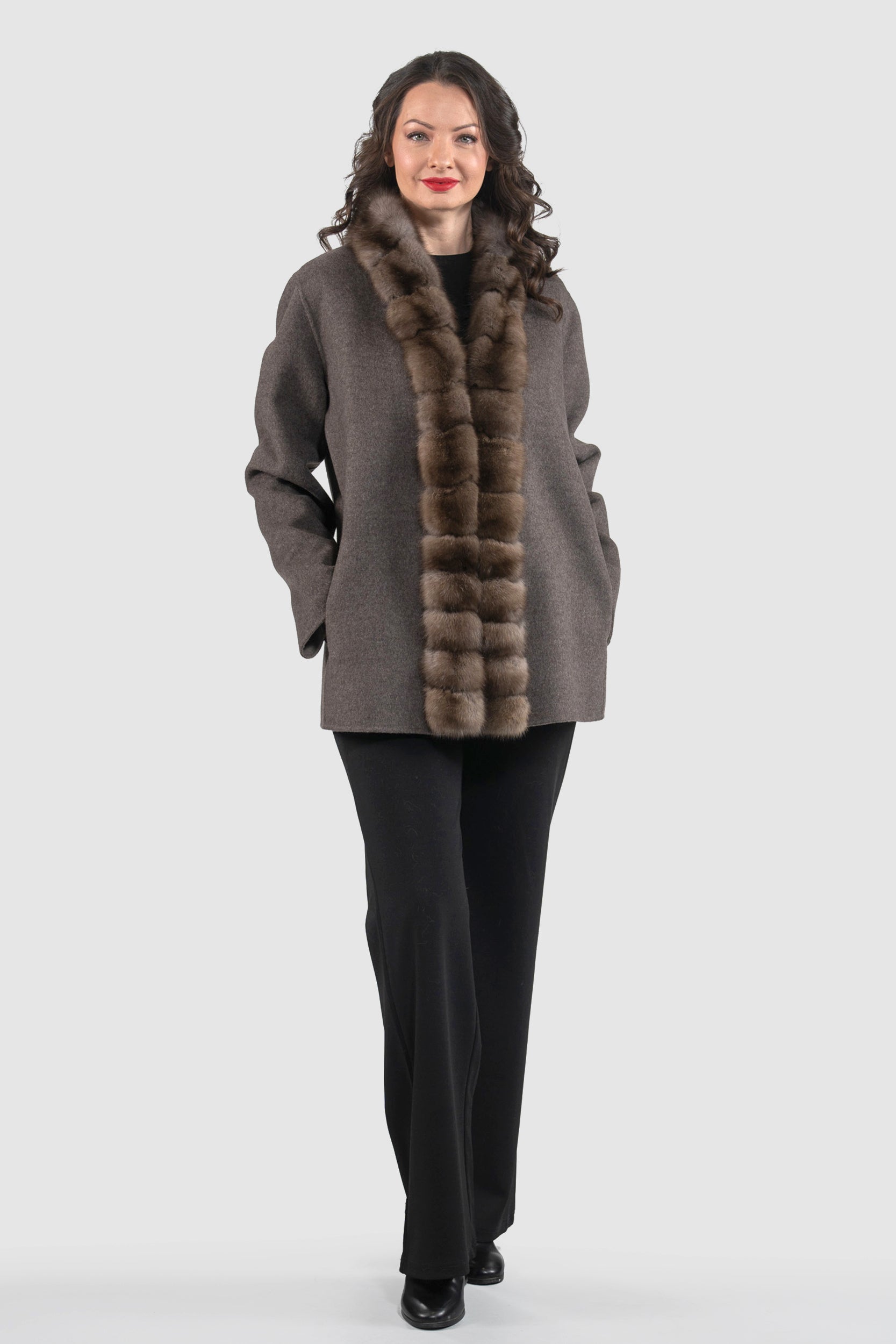 Brown Grey Cashmere Jacket with Russian Sable Trim 21C6080