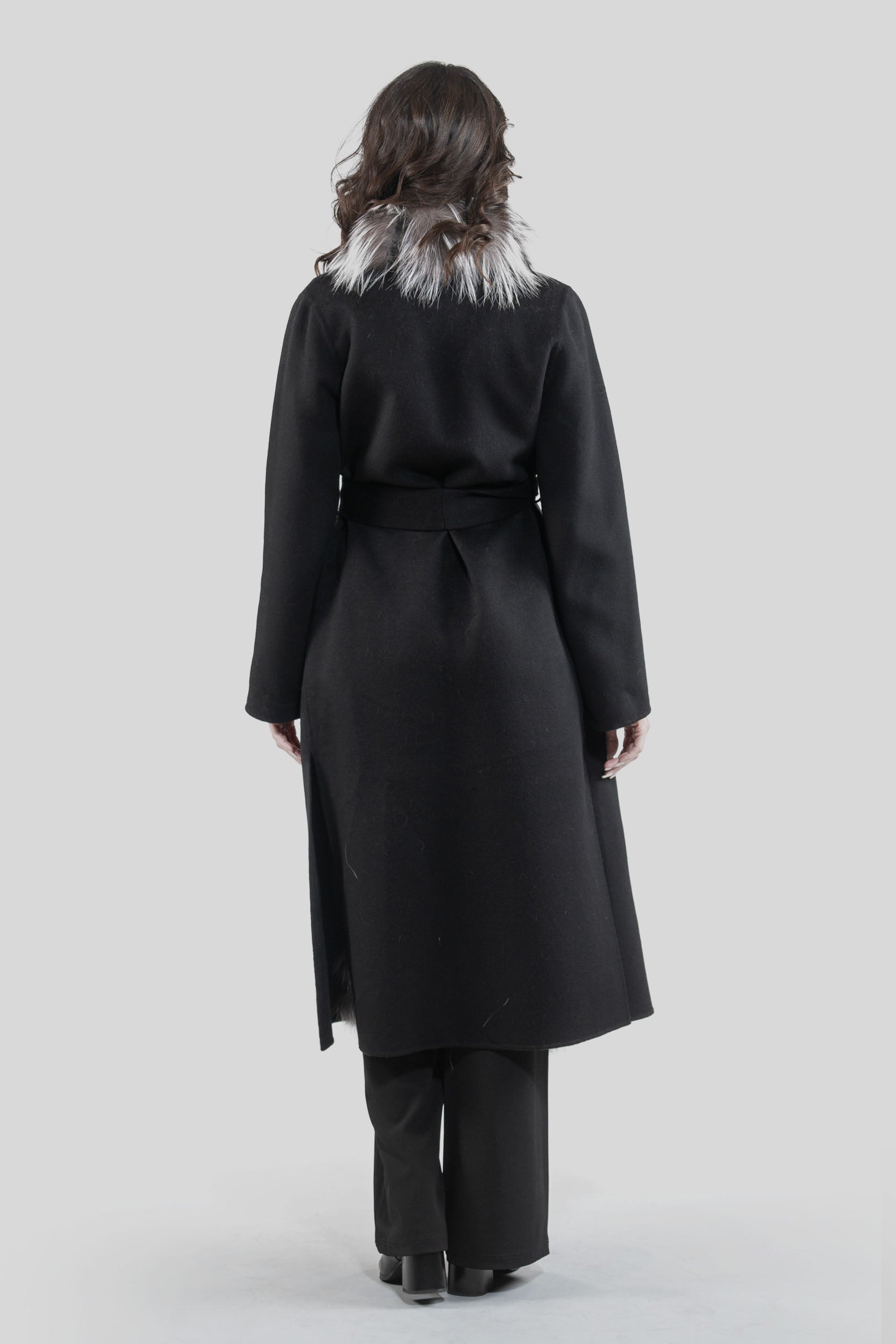 Black Cashmere Coat with Fox Trim 21C6080