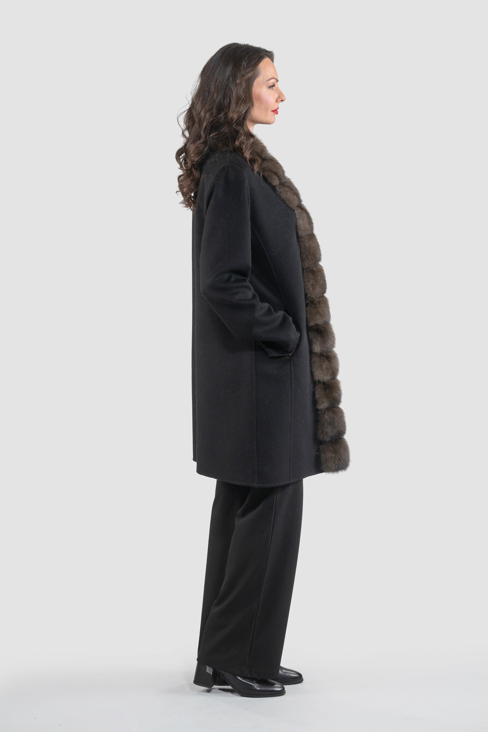 Black Cashmere Half Coat with Russian Sable Trim 21C6080