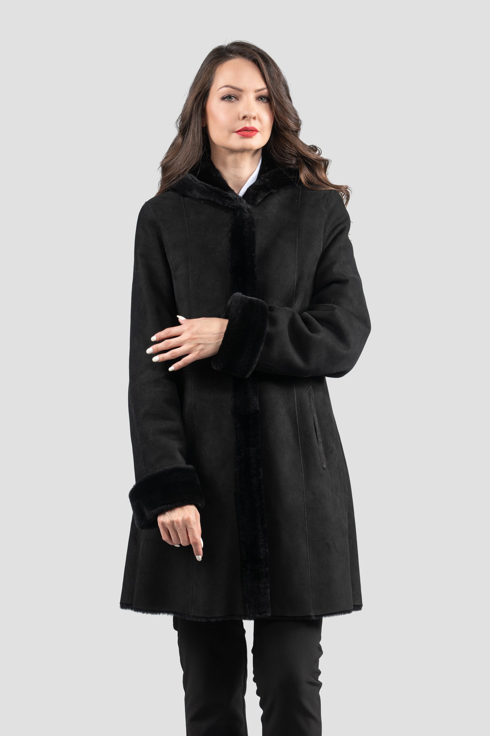 Hooded Black Half Coat In Spanish Merino 207H