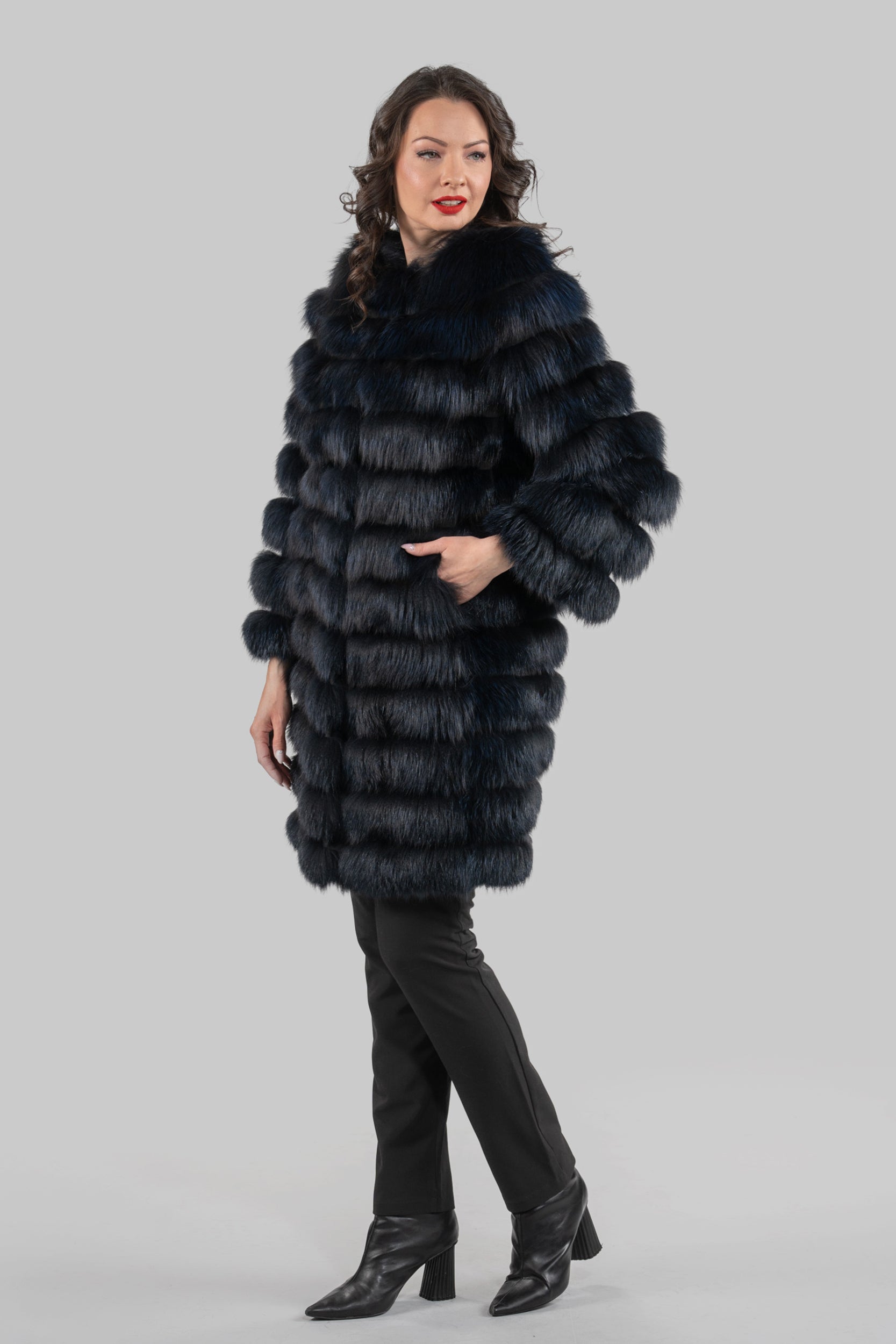 Blue Black Fox Collarless Half Coat R/K13C520