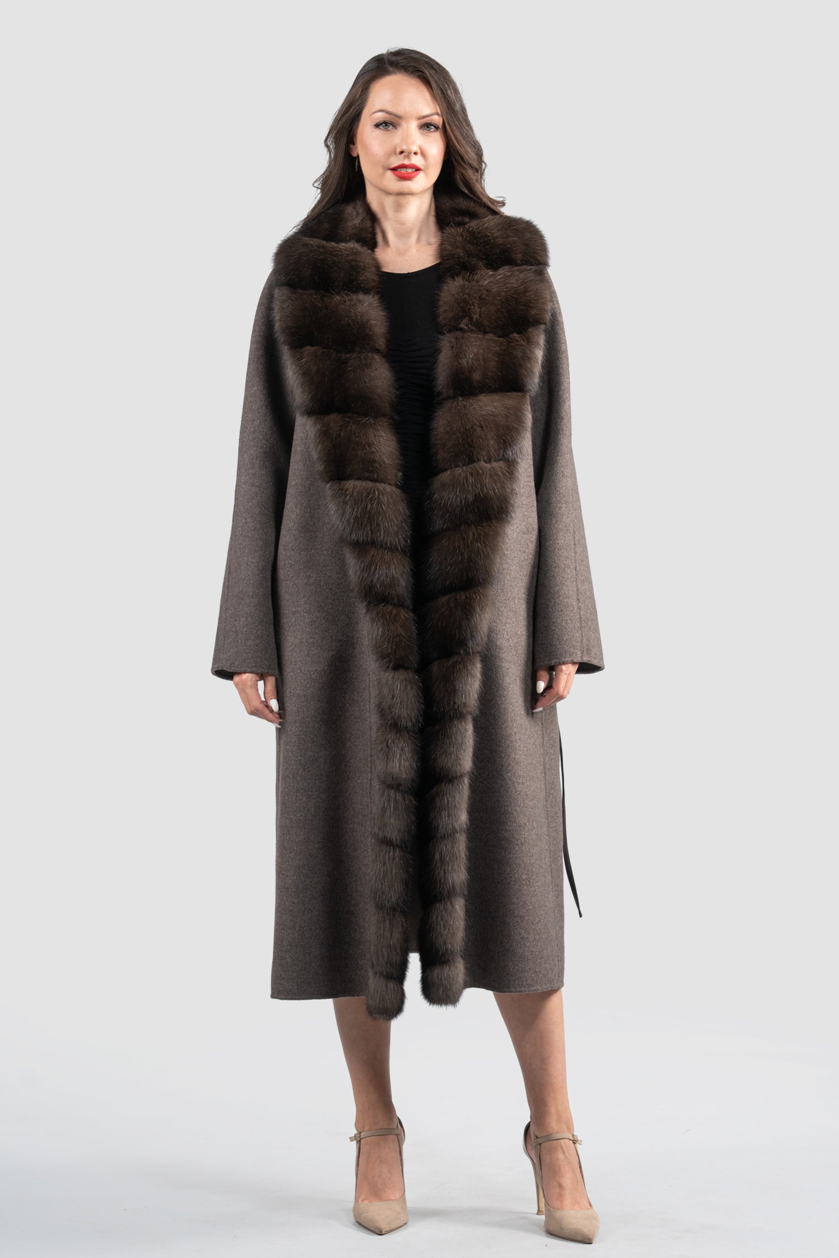 Brown Grey Cashmere Coat with Russian Sable Trim 22CA310