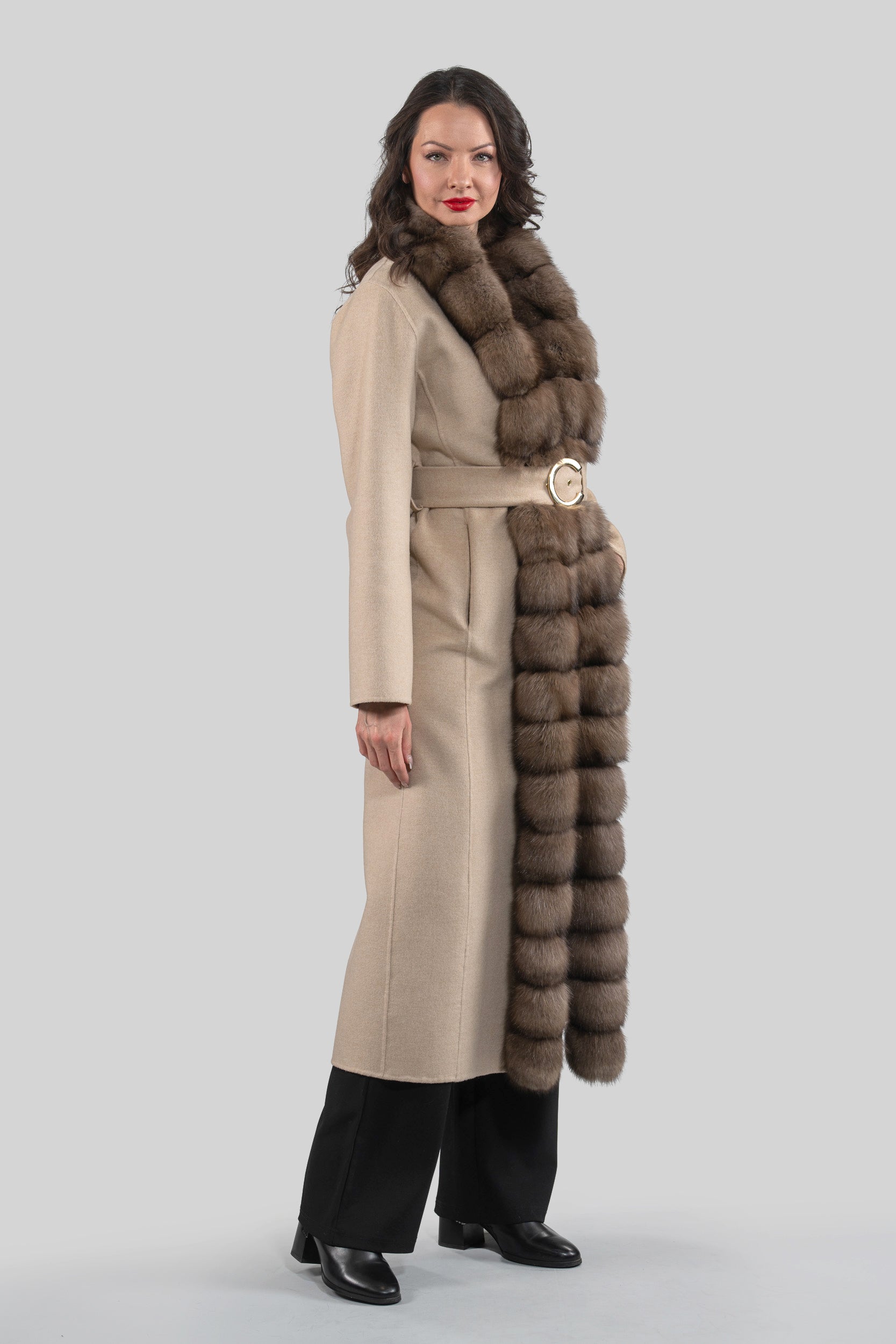 Ecru Beige Cashmere Coat with Russian Sable Trim 21C6080
