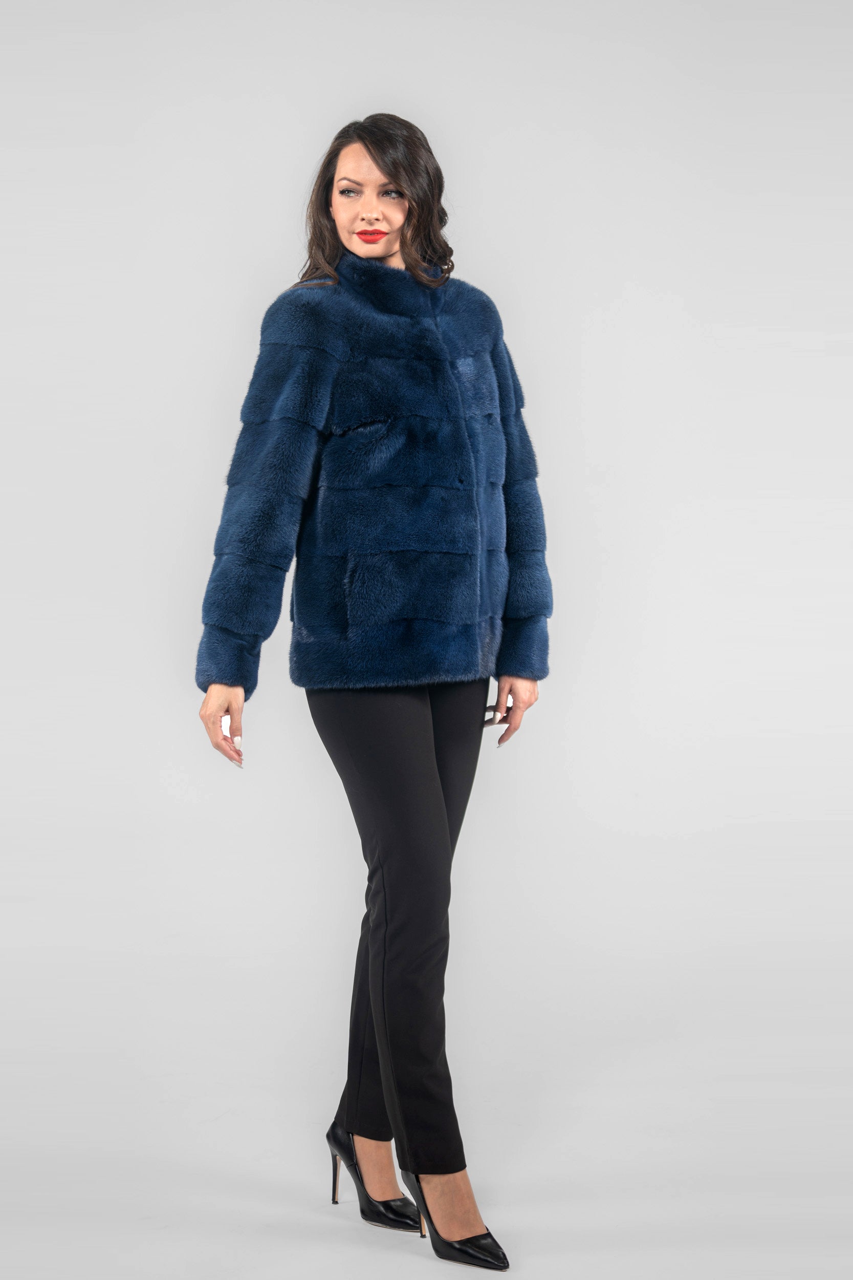 Blue Black Mink Jacket with Stand Collar P/K13C528
