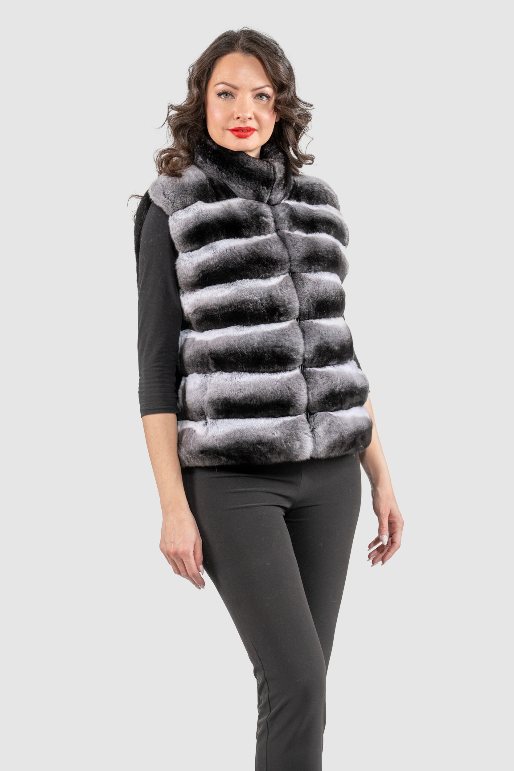 Natural Chinchilla Fur Vest with Stand Collar and Mink Trim P/K2201
