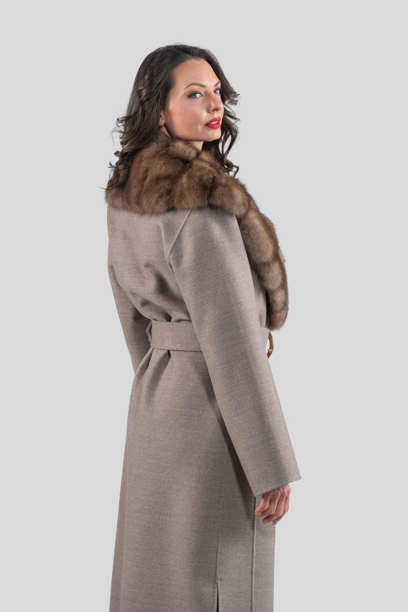 Grey Brown Cashmere Coat with Russian Sable Notch Collar 20C8060S20