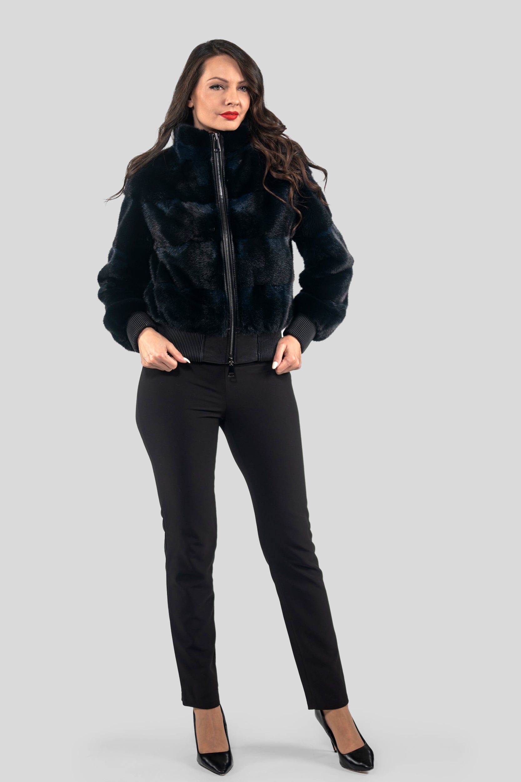 Blue Black Mink Bomber Jacket with Stand Collar P/K13C224