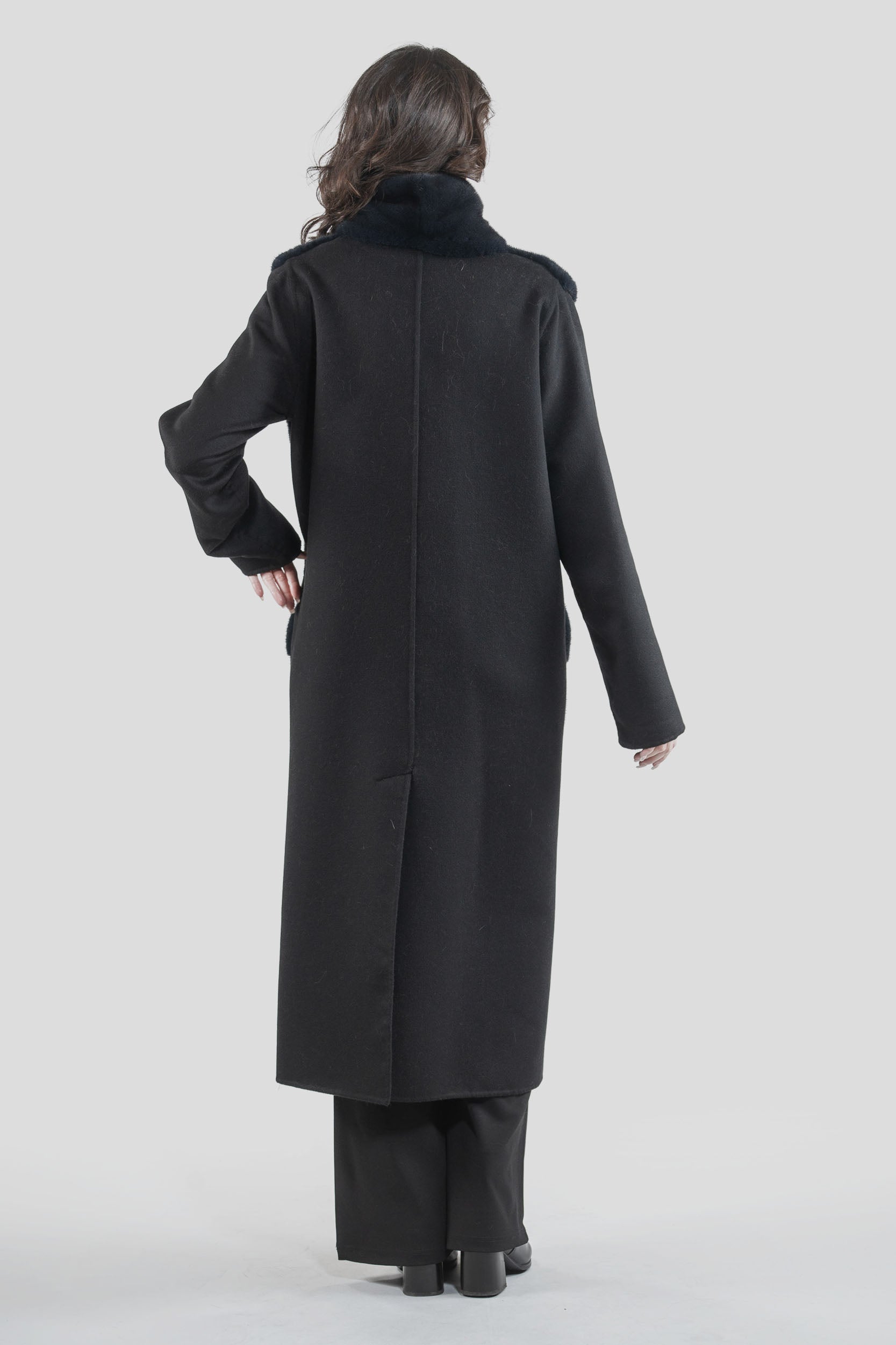 Black Cashmere Coat with Mink Trim 17c8003