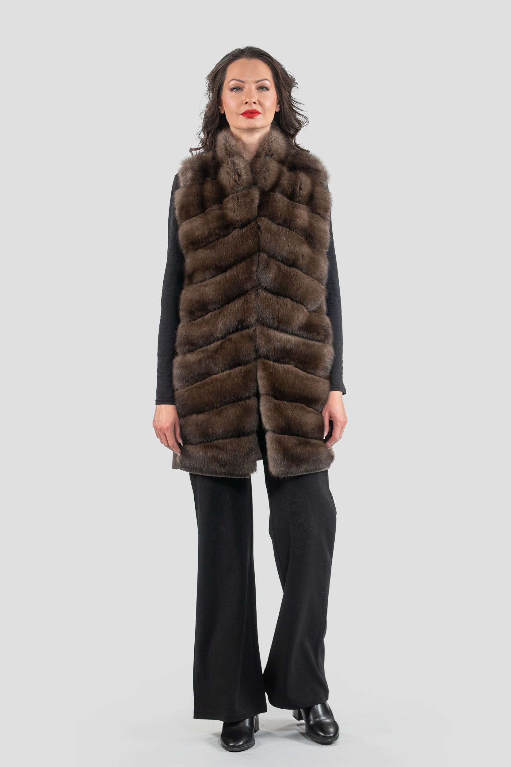 Brown Cashmere Vest with Russian Sable Trim 17C8003