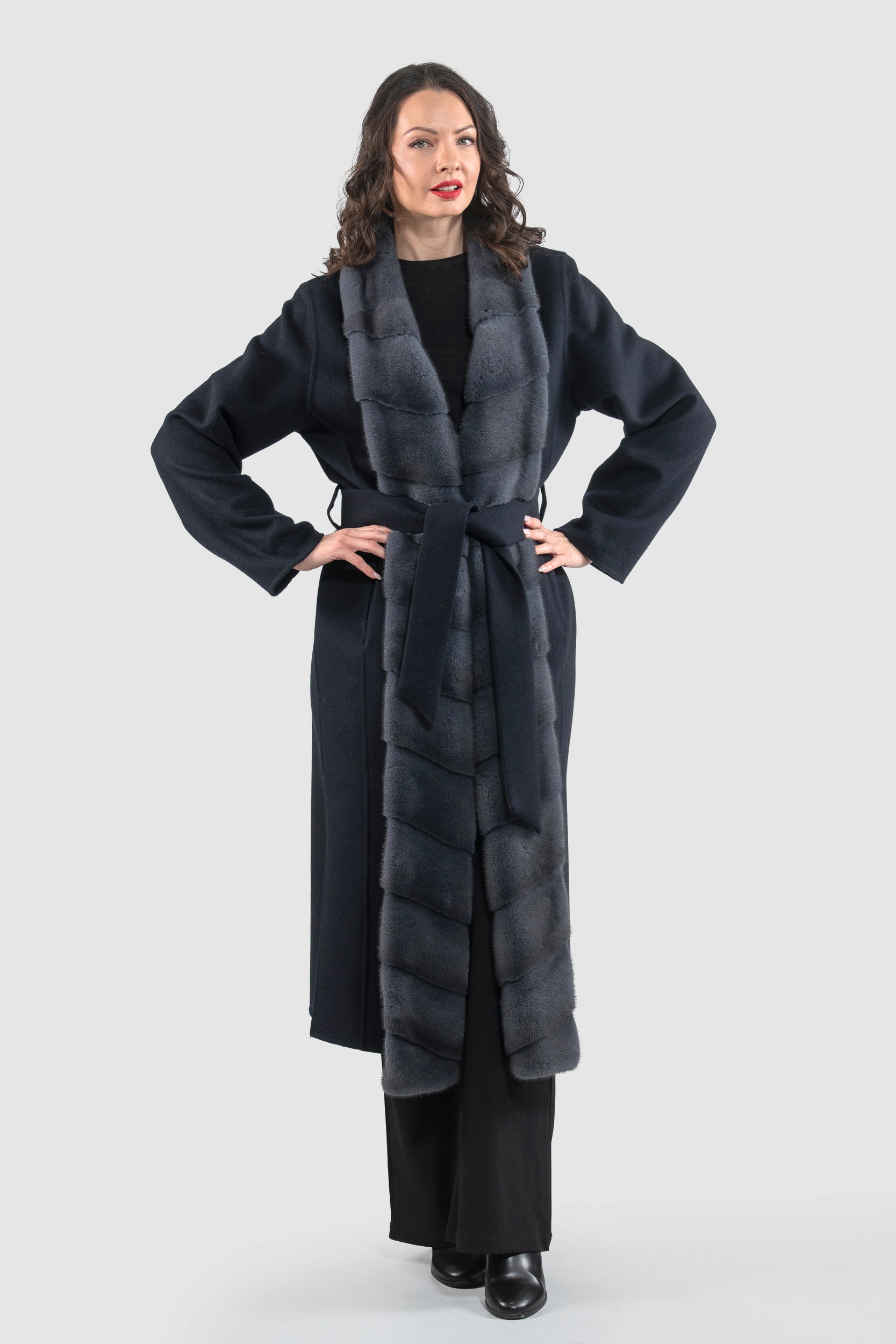 Blue Black Cashmere Coat with Mink Trim 3321