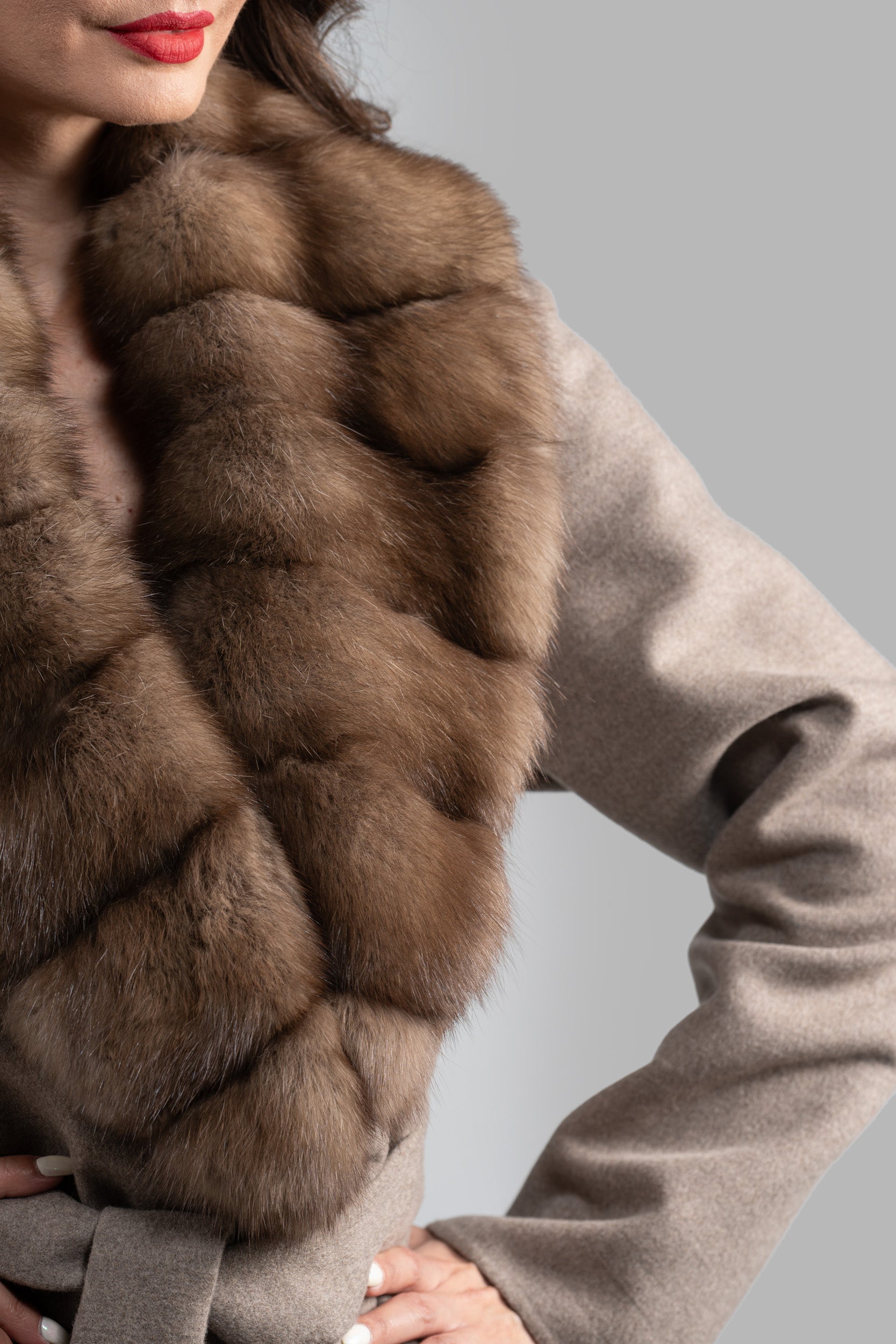 Brown Gray Cashmere Coat with Russian Sable Shawl Collar 20C8070