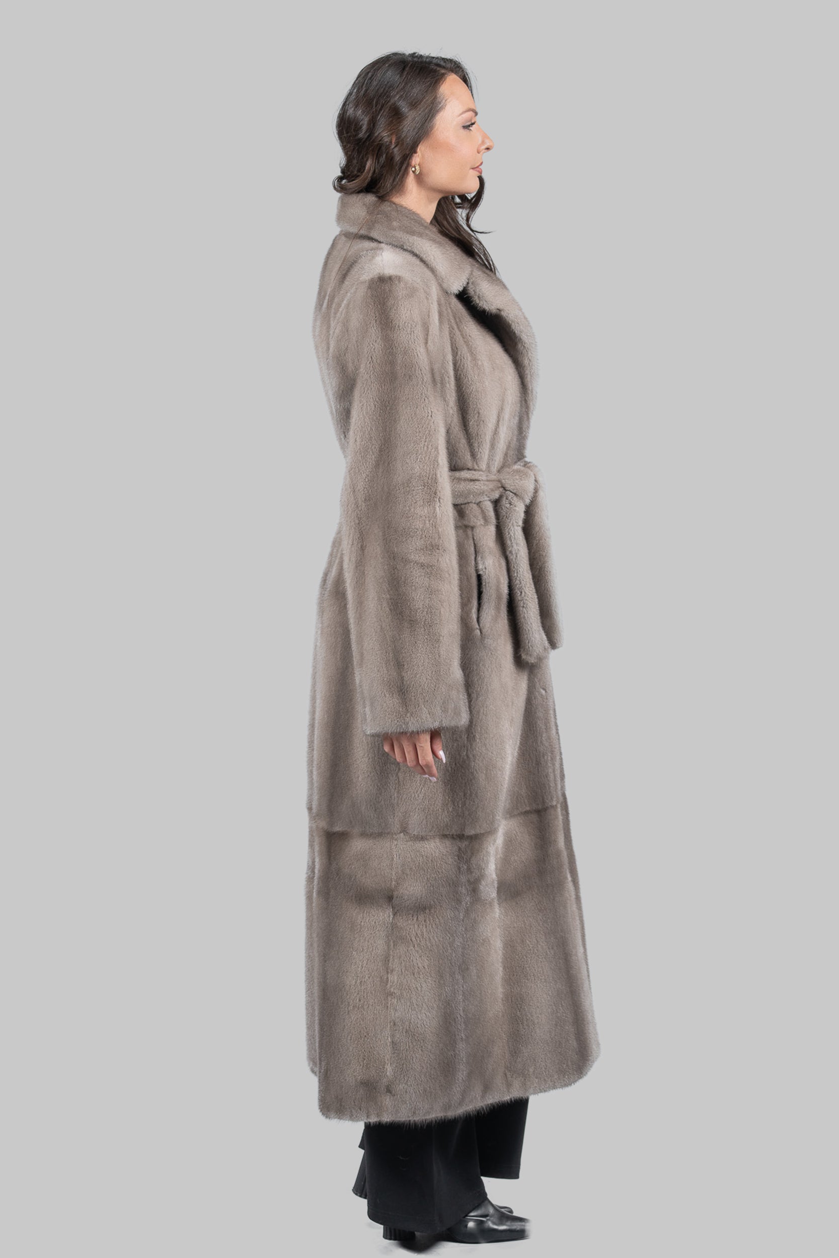 Silver Blue Skin to Skin Belted Mink Long Coat S/S13C976