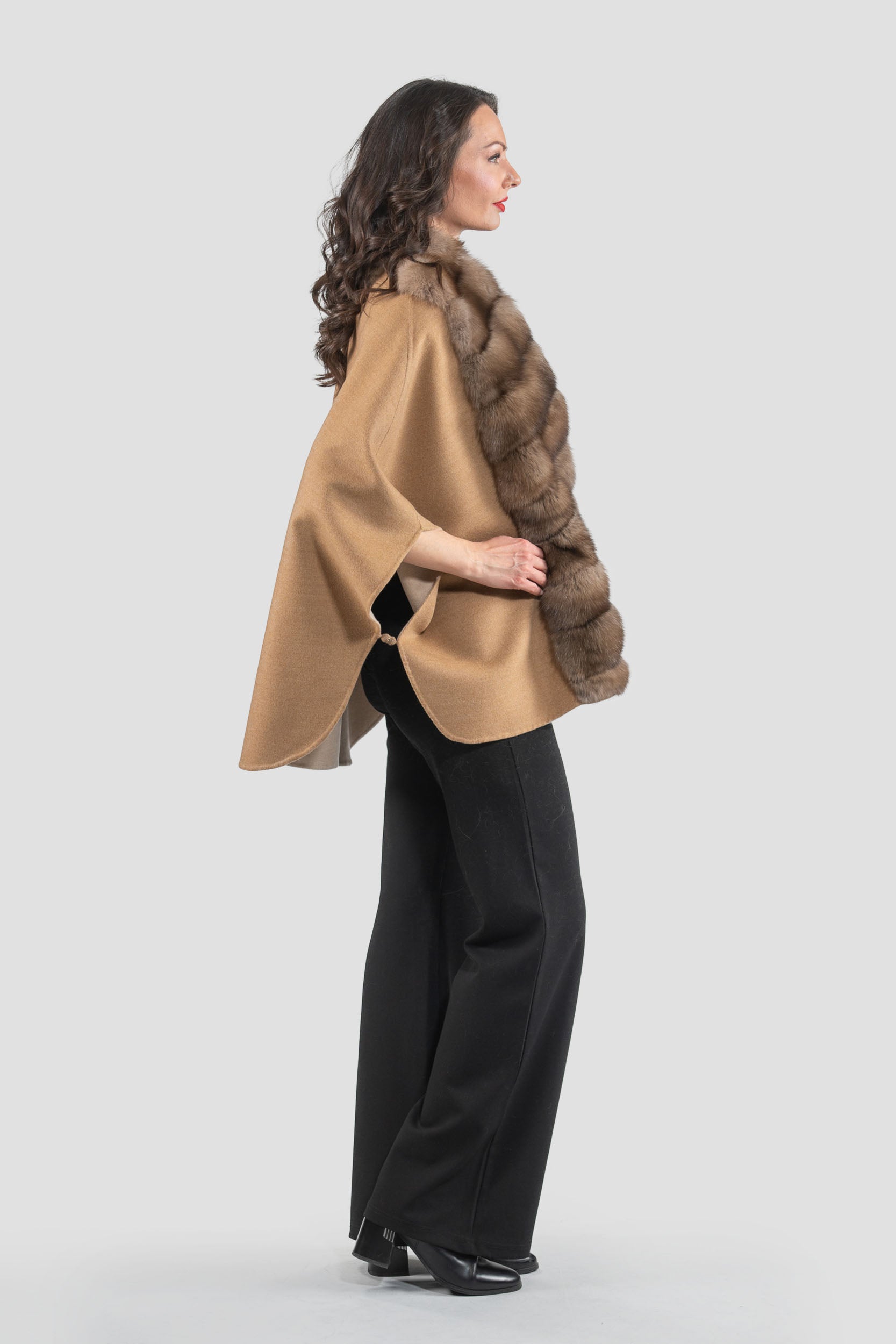 Ecru Beige Cashmere Cape with Russian Sable Trim 18M95088