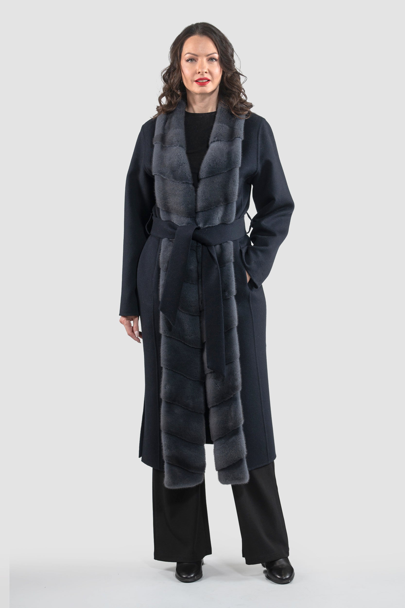 Blue Black Cashmere Coat with Mink Trim 3321
