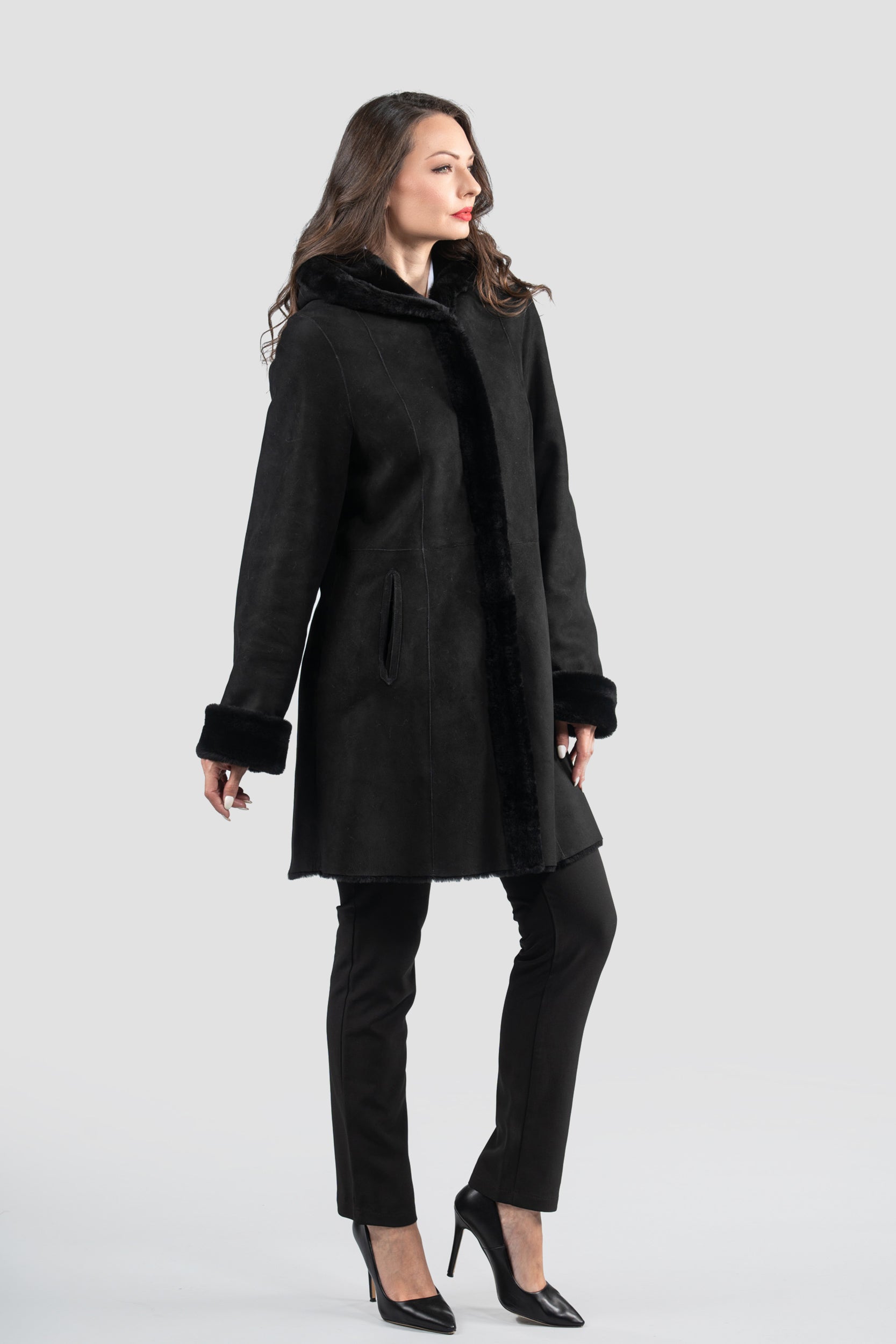 Hooded Black Half Coat In Spanish Merino 207H