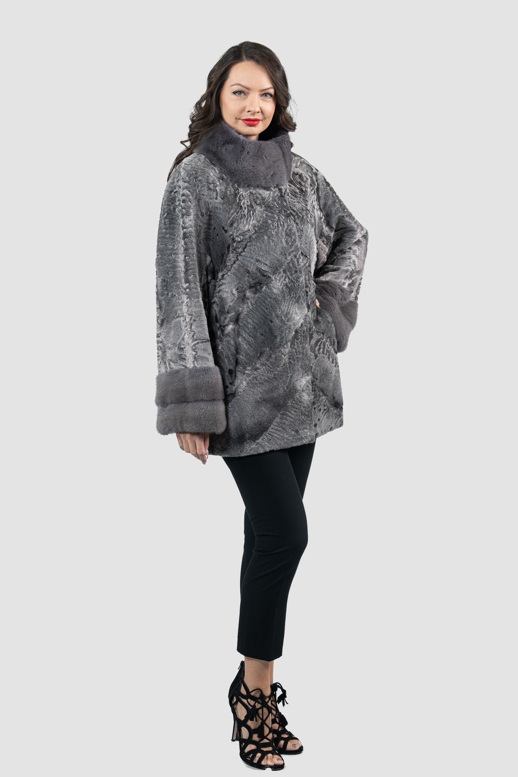 Grey Moon Swakara Half Coat with Mink Trim A/K13C848