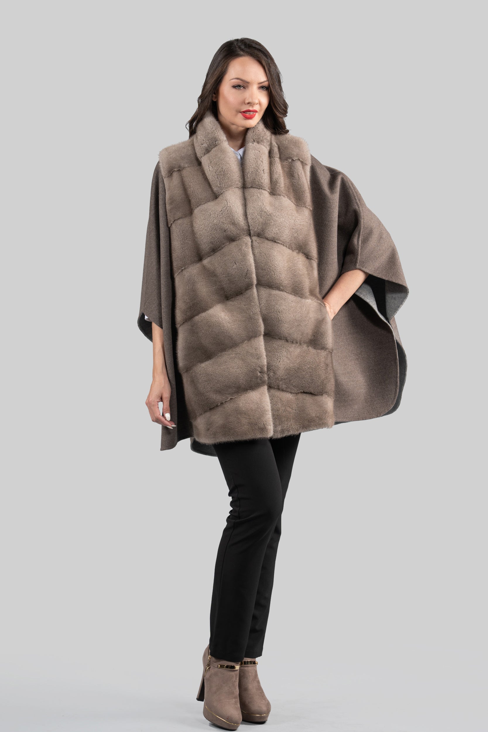 Brown Grey Cashmere Cape with Mink Trim 18M950