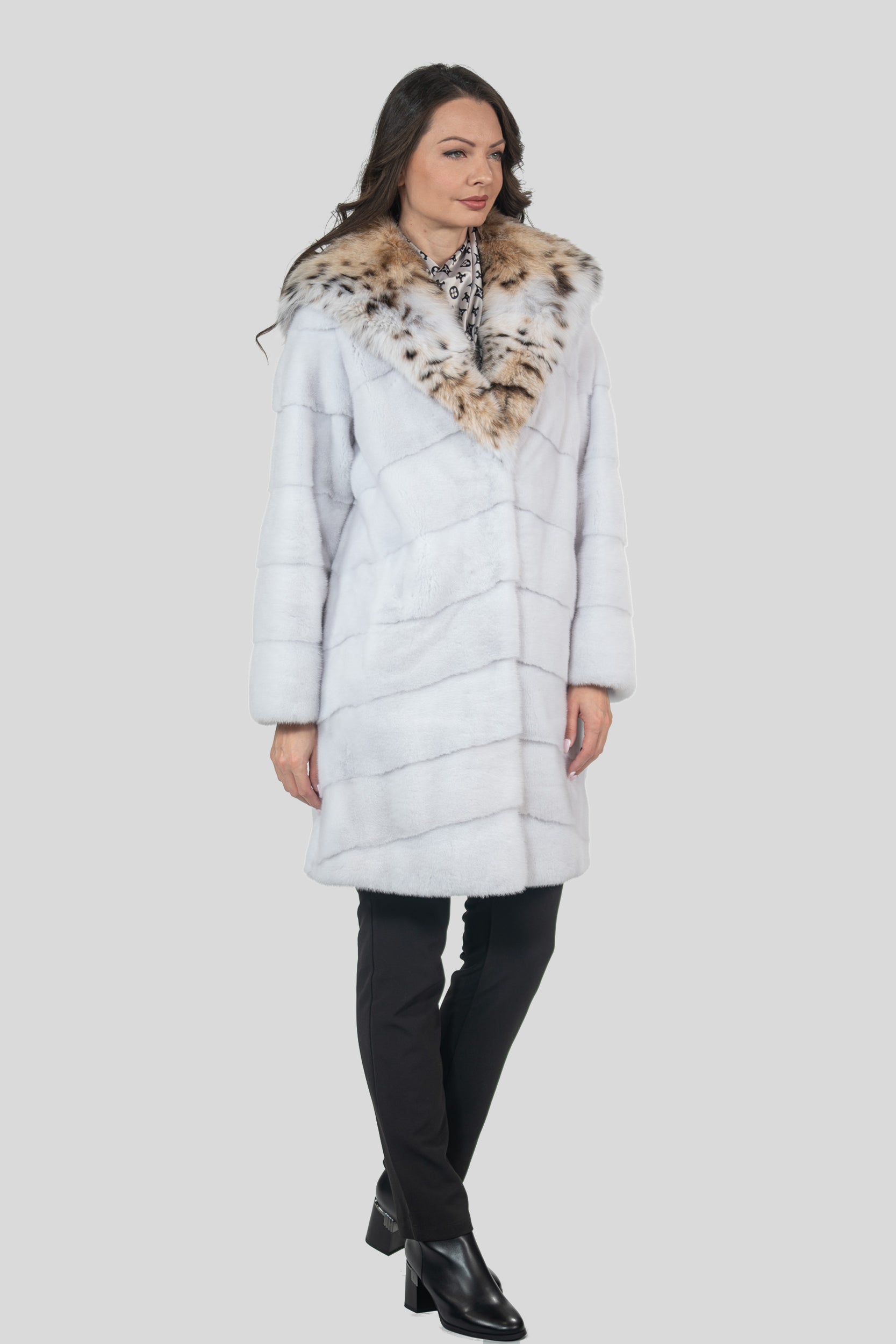 White Mink Half Coat with Bobcat Hood A/K4340
