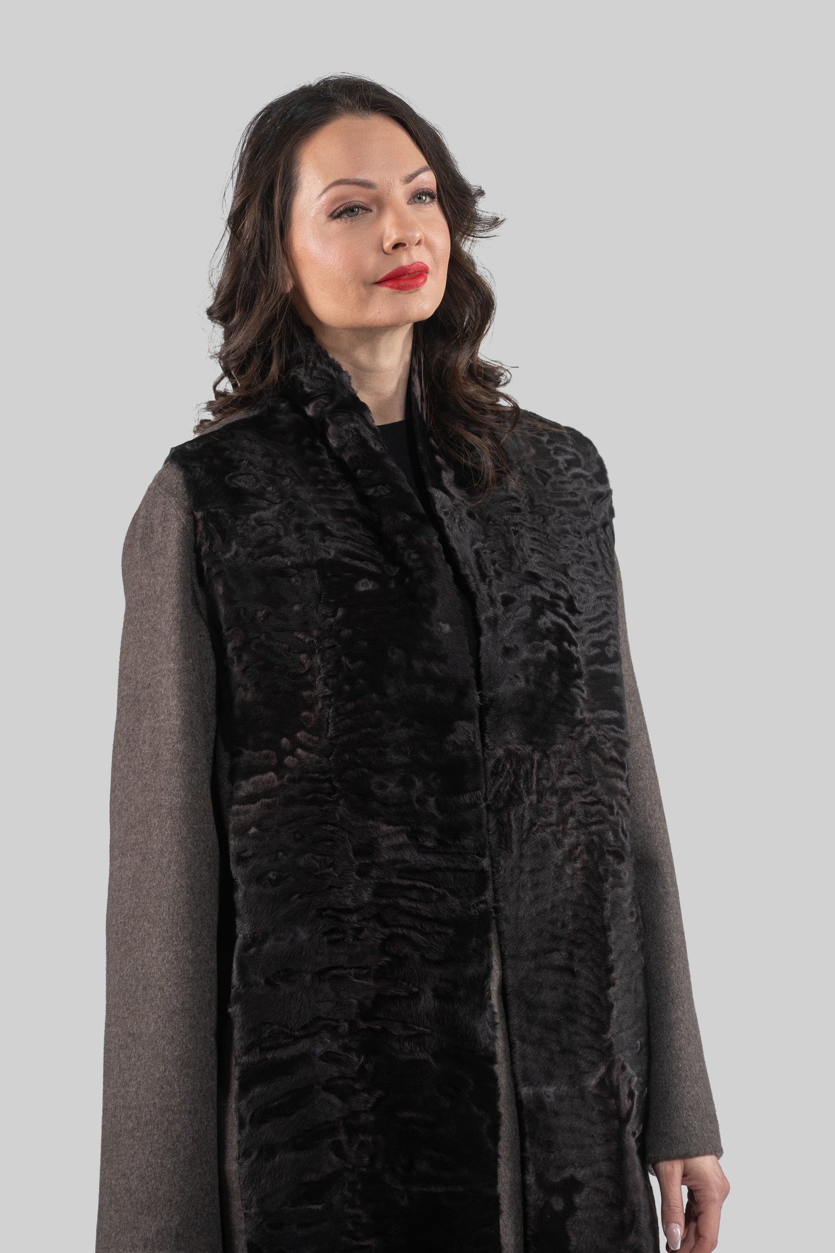 Grey Cashmere Half Coat & Vest with Swakara Fur Trim 17C8003