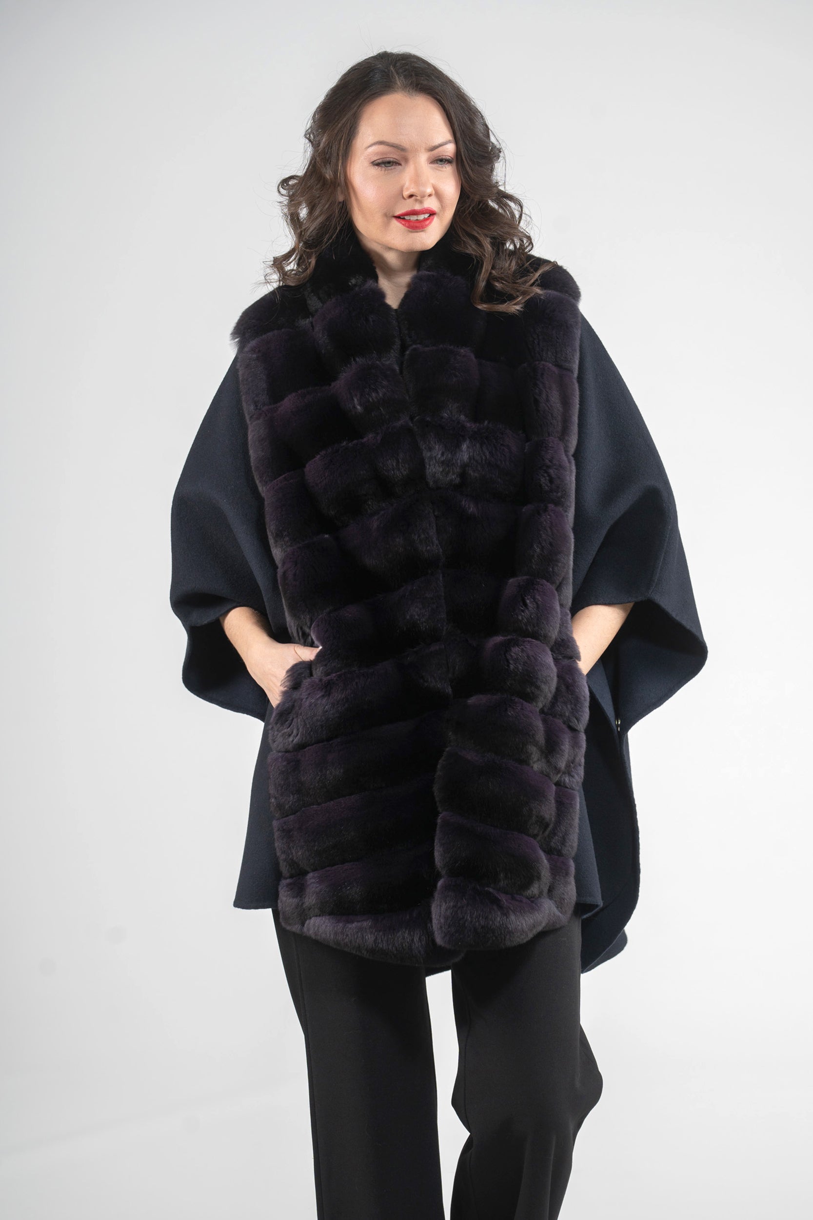 Black Cashmere Cape with Aubergine Chinchilla Trim 18M950