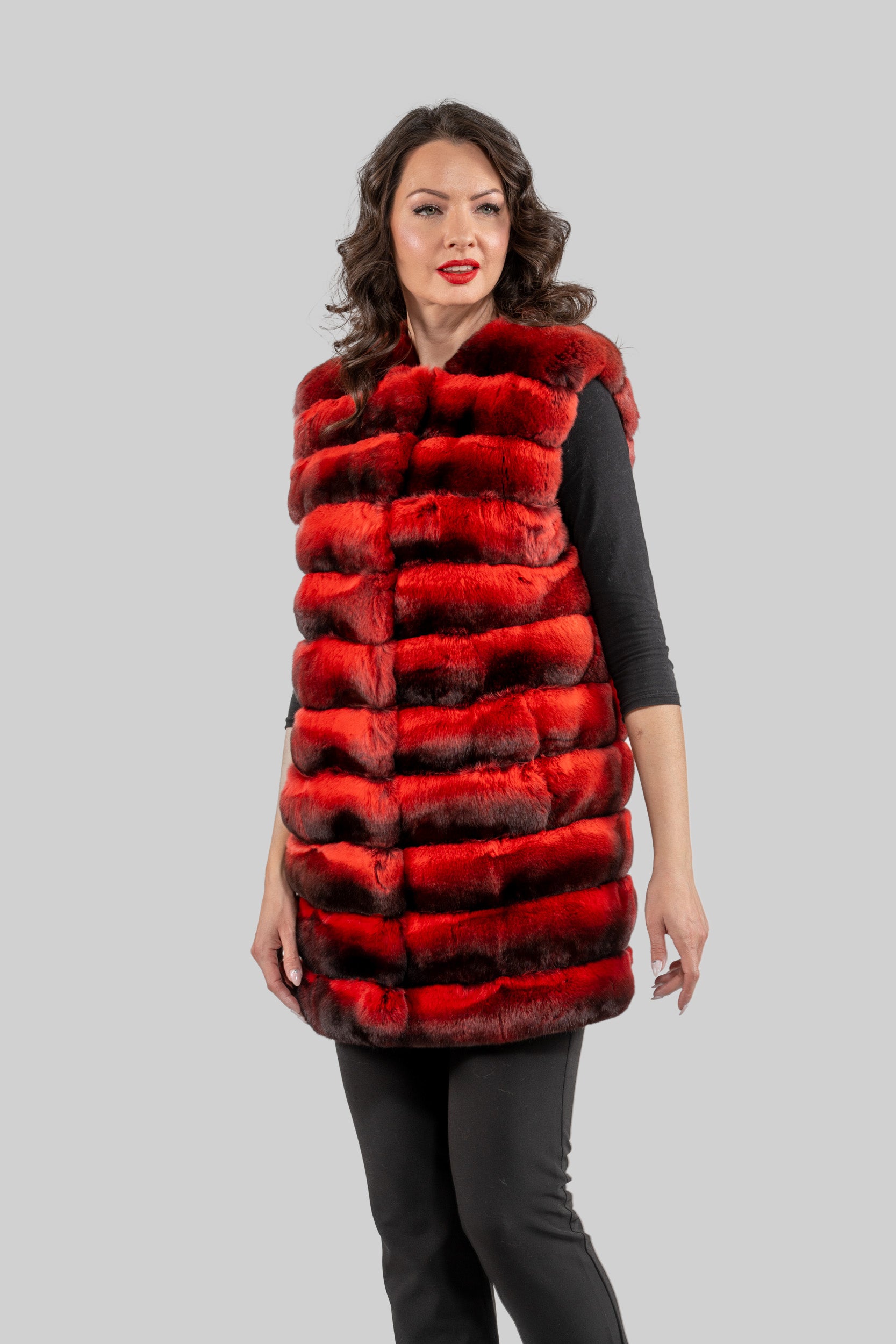 Collarless Crimson Red Chinchilla Vest P/K13C519