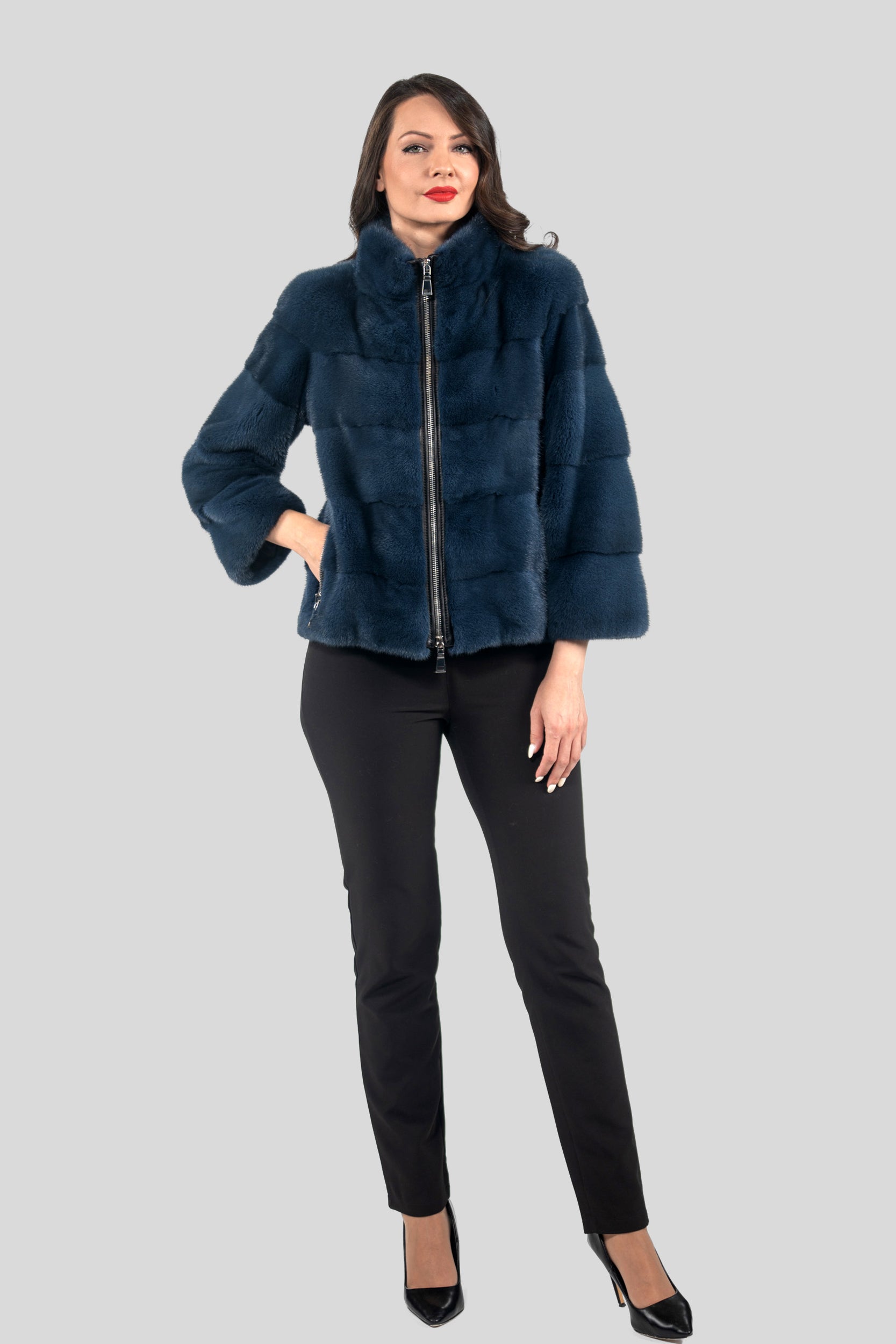 Blue Jean Mink Jacket with Stand Collar and Zipper P/K13C224