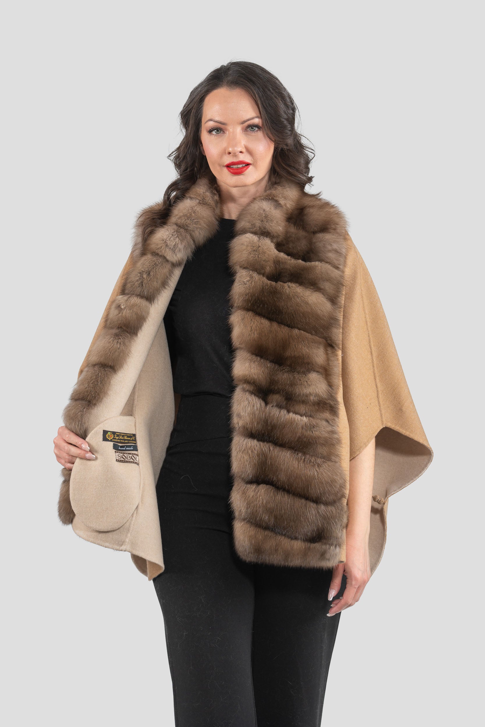 Ecru Beige Cashmere Cape with Russian Sable Trim 18M95088